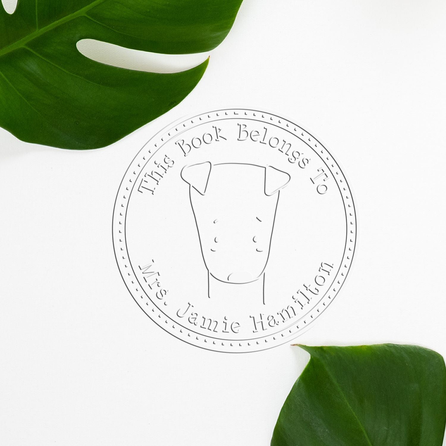 Cartoon animal design embosser with "This Book Belongs To" text, featuring a SizzleSniff character. Personalized book design tool for custom-made new address stamp. Surrounded by green leaves on a white background.