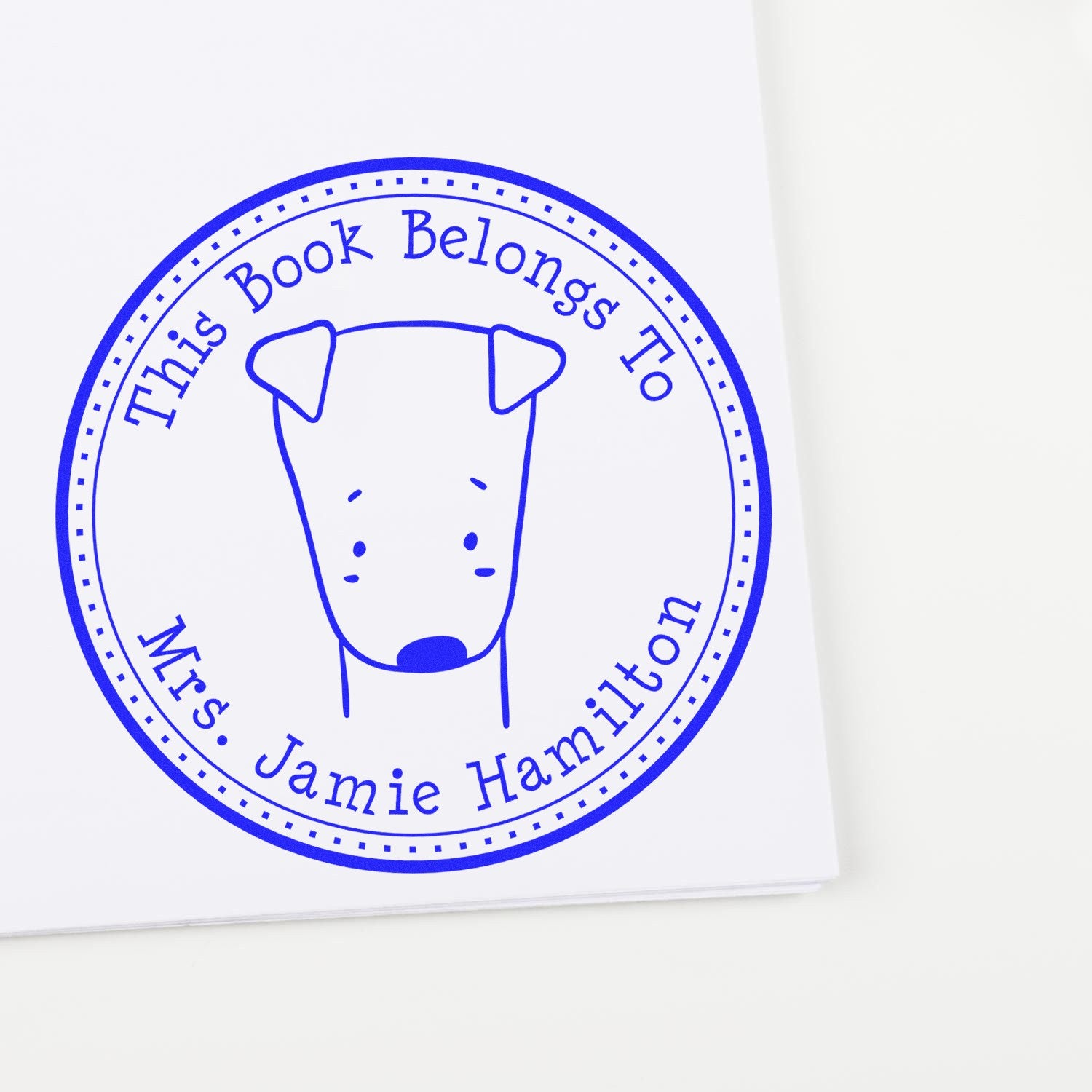 A custom-made address stamp with a wood handle is used to imprint a blue SizzleSniff cartoon animal design on a book. The stamp features a personalized monogram with the text This Book Belongs To Mrs. Jamie Hamilton.