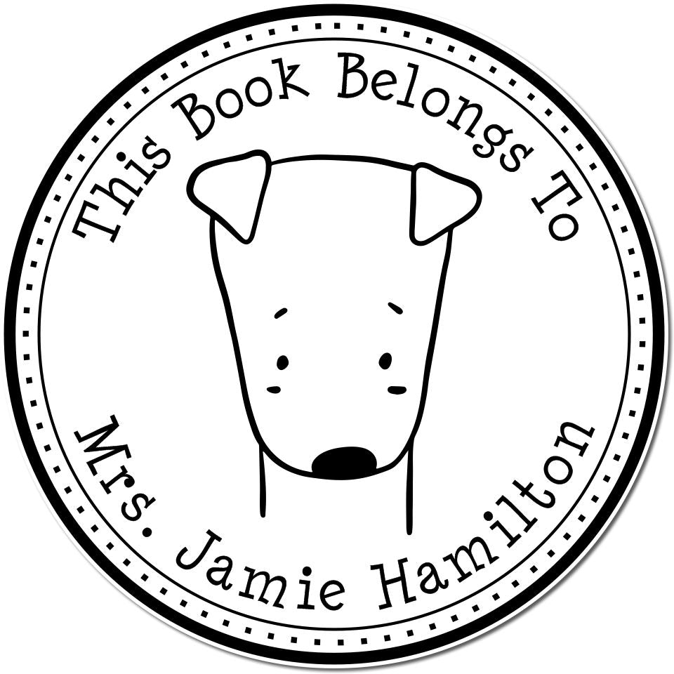 Round monogram stamp with a cartoon animal design, featuring the text This Book Belongs To Mrs. Jamie Hamilton. Keywords include Wood Handle SizzleSniff Cartoon Animal Customized Book Monogram Stamp and Custom-Made Address Stamper.