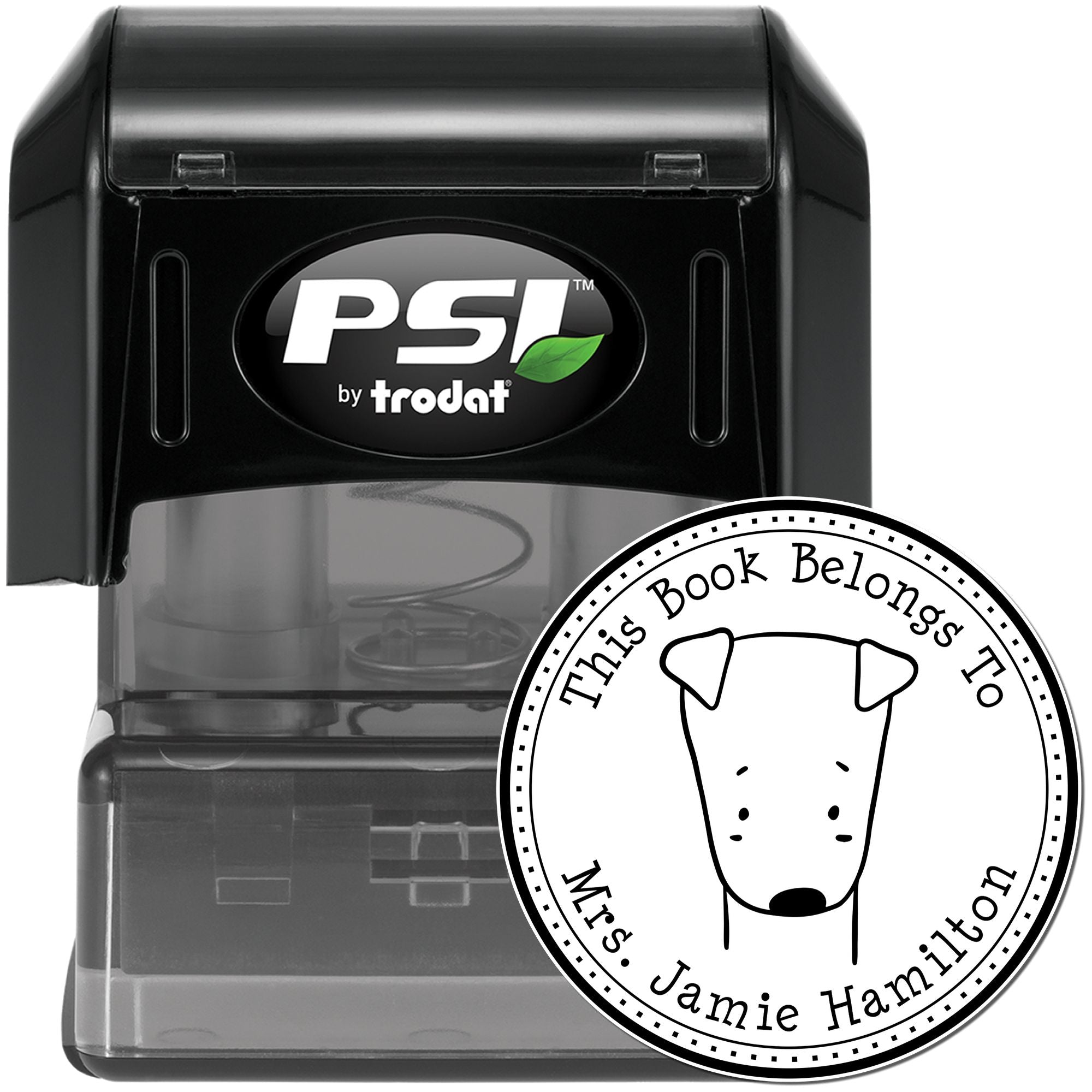 Image of a black pre-inked stamp featuring a cartoon animal design labeled "SizzleSniff." The stamp is customizable for book design and return mail purposes, with text reading "This Book Belongs To Mrs. Jamie Hamilton." Ideal for personalized stamping needs.