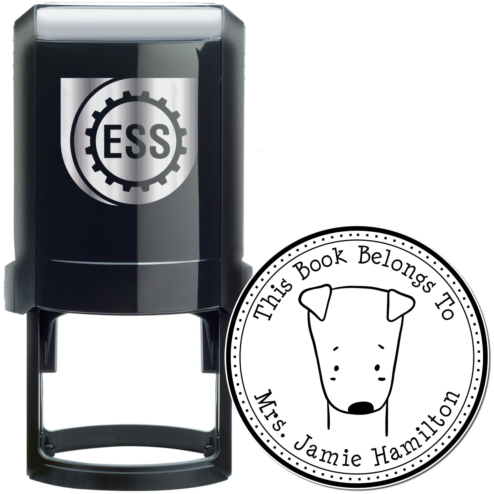 Black self-inking stamp featuring a cartoon animal design with the text "This Book Belongs To Mrs. Jamie Hamilton." The stamp is labeled as a SizzleSniff Cartoon Animal Self-Inking Personalizable Library Stamp and Customized Home Stamper.