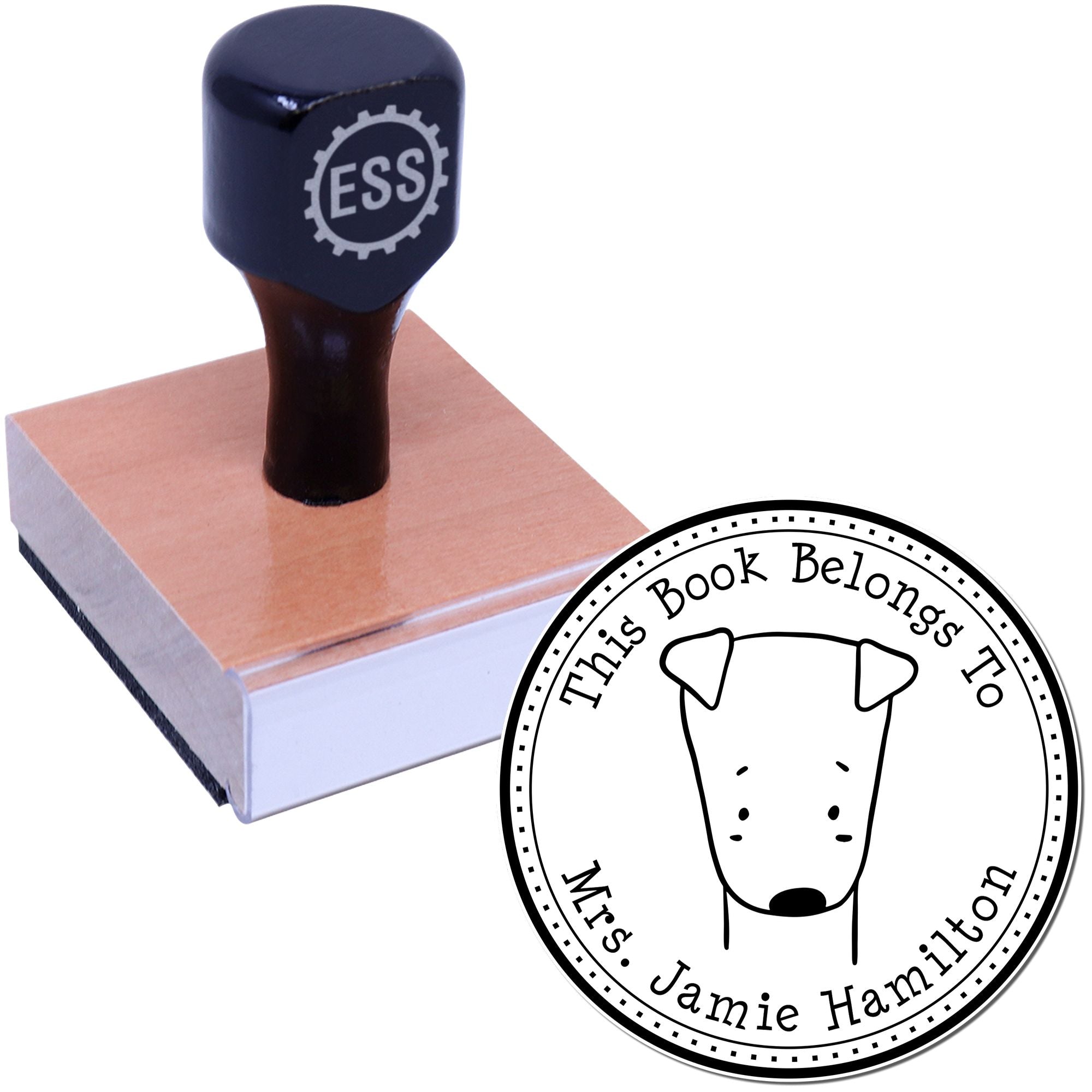 Wood handle stamp with "ESS" monogram, featuring a SizzleSniff cartoon animal design. The customized book stamp reads "This Book Belongs To Mrs. Jamie Hamilton." Ideal as a custom mailing stamp for personalized touches.
