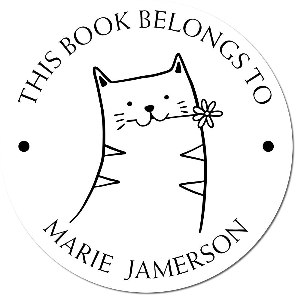 Cartoon animal pre-inked customizable book mark stamp featuring a cute cat with a flower, labeled "This Book Belongs To Marie Jamerson." Ideal for personalized return mail stamps.