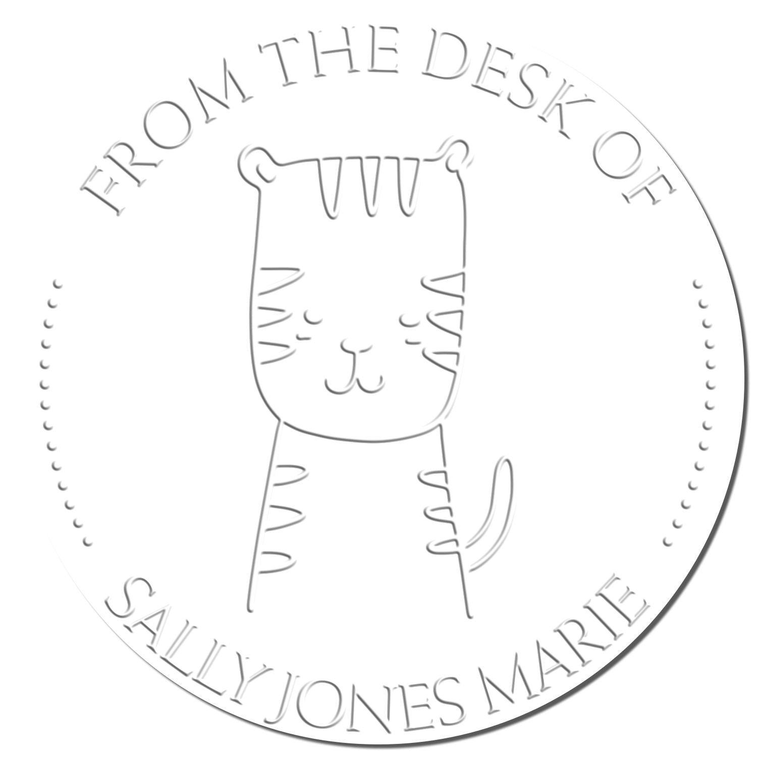 Embossing seal featuring a TizzyTumble cartoon animal design with the text "From the Desk of Sally Jones Marie." Ideal for a personalized book design or customized new address stamp.