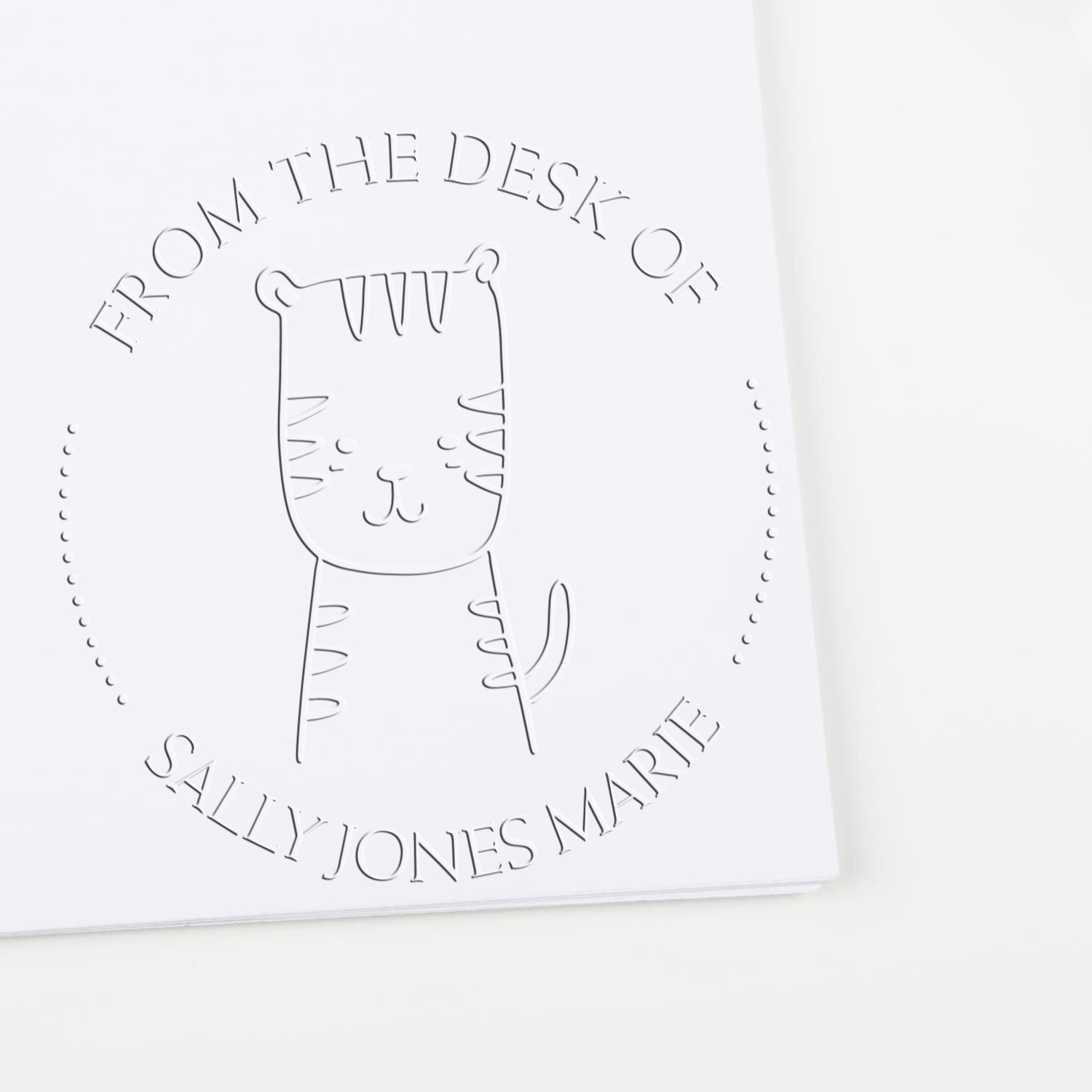 A TizzyTumble cartoon animal design is embossed on a white page, featuring a personalized book embossing seal with the text "From the Desk of Sally Jones Marie." The image highlights a customized address stamper for a unique touch.
