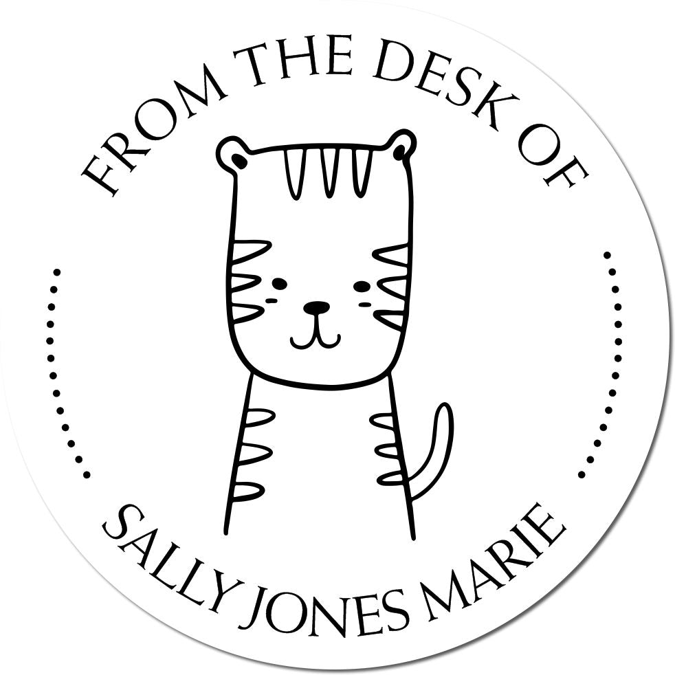 Image of a round stamp featuring a cartoon animal with a wood handle. The text reads "From the Desk of Sally Jones Marie." Keywords: Wood Handle TizzyTumble Cartoon Animal Customized Book Logo Stamp, Customizable New Address Stamper.