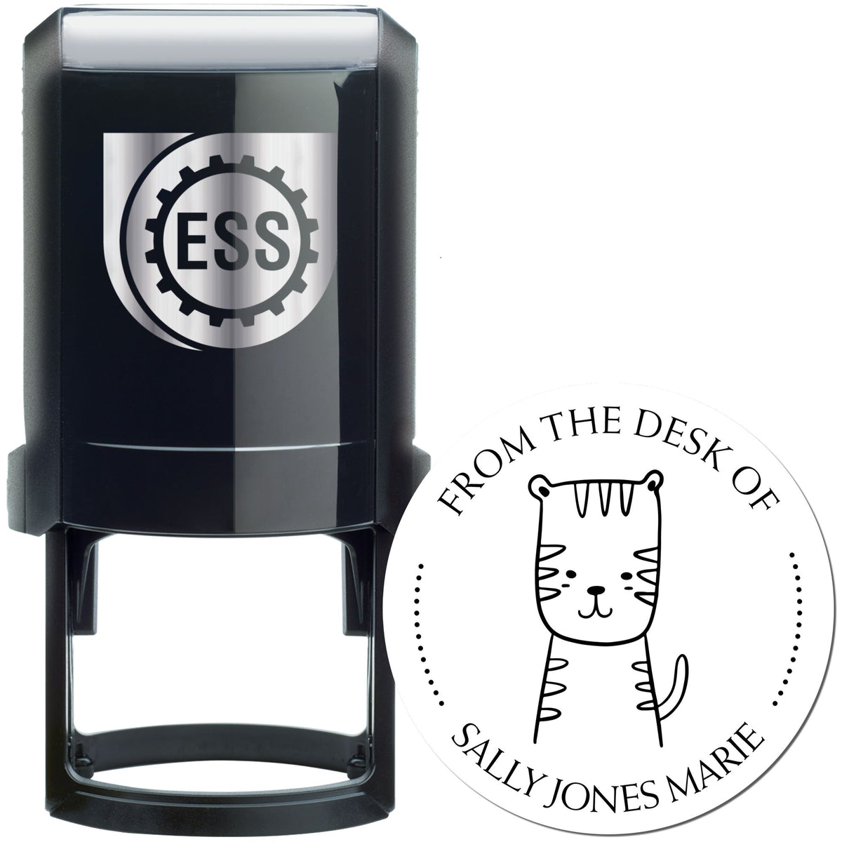 Image of a black self-inking stamp featuring a circular design with a cartoon animal, labeled "TizzyTumble Cartoon Animal Self-Inking Personalizable Book Ownership Stamp." Includes text "From the Desk of" and "Customized New Address Stamper."