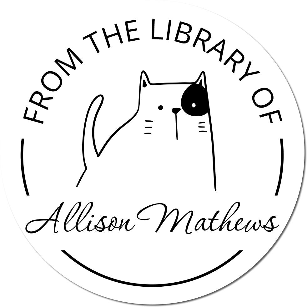 A round insignia stamp with a cartoon animal, resembling a cat, and the text From the Library of Allison Mathews. The design is part of a customized book insignia stamp collection by GobbleGiggle, featuring a wood handle and a new address stamper option.