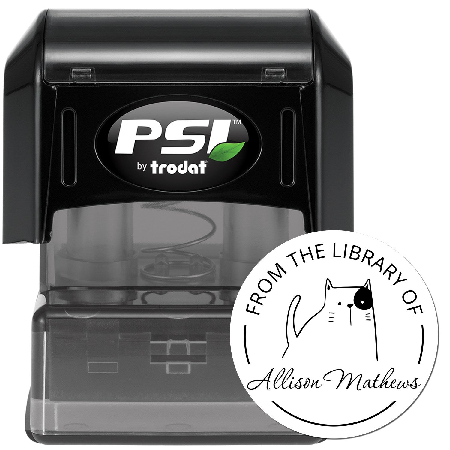 Image of a black PSI by Trodat stamper with a round imprint design featuring a cartoon animal. The text reads "From the Library of" with a customizable name. Keywords: GobbleGiggle Cartoon Animal Pre-Inked Customizable Library Book Belongs To Stamp, Customizable Mailing Stamper.