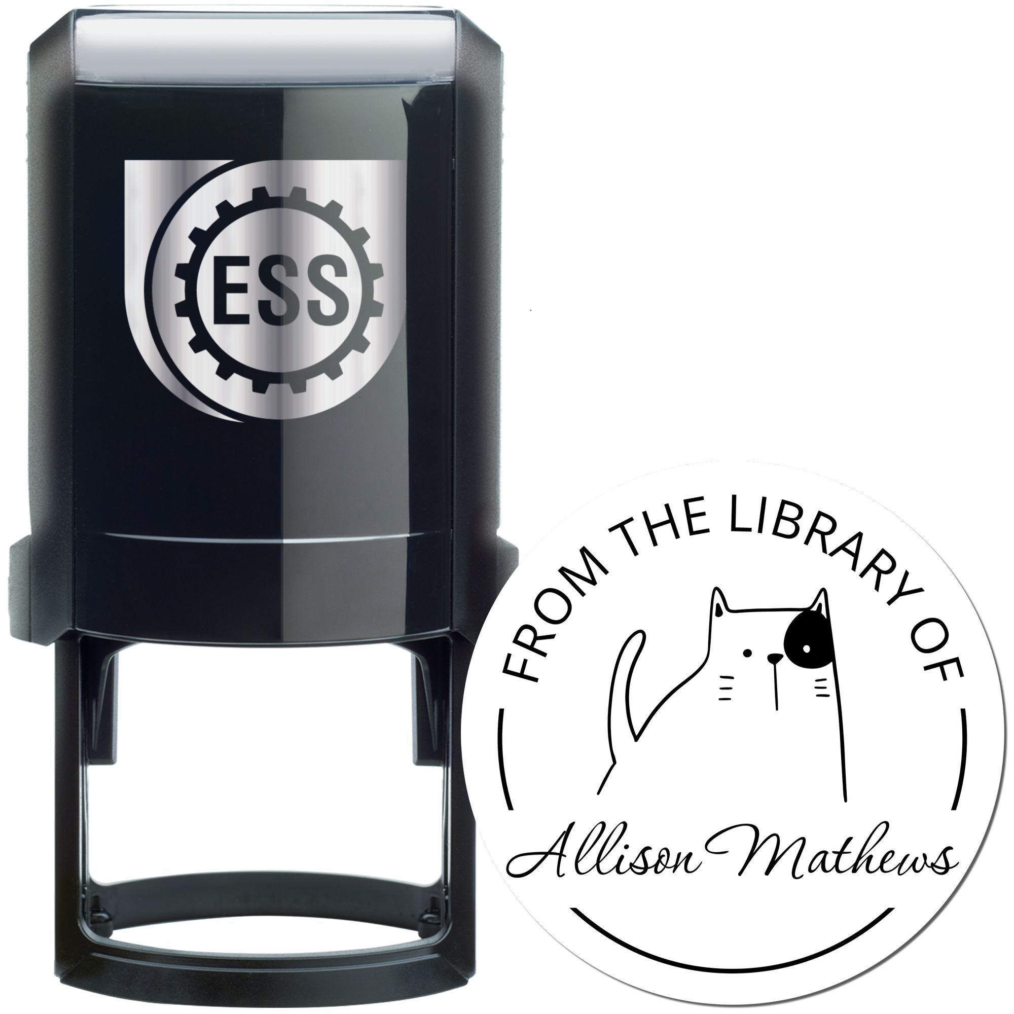 Black self-inking stamp with a circular design featuring a cartoon cat and text "From the Library of Allison Mathews." Keywords: GobbleGiggle Cartoon Animal Self-Inking Personalizable Book Lover Stamp, Custom-Made New Address Stamp.