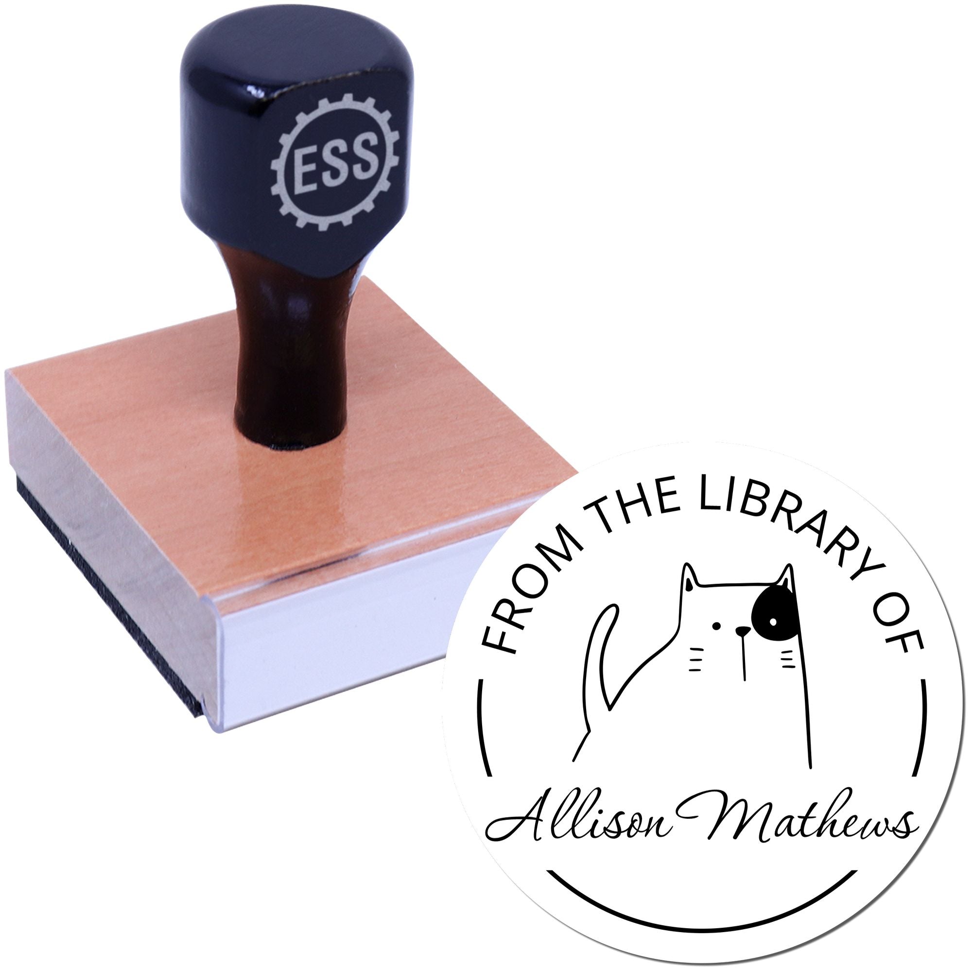 Wood handle stamp with "ESS" insignia, featuring a GobbleGiggle cartoon animal design. Includes a customized book insignia stamp and a customized address stamp option.