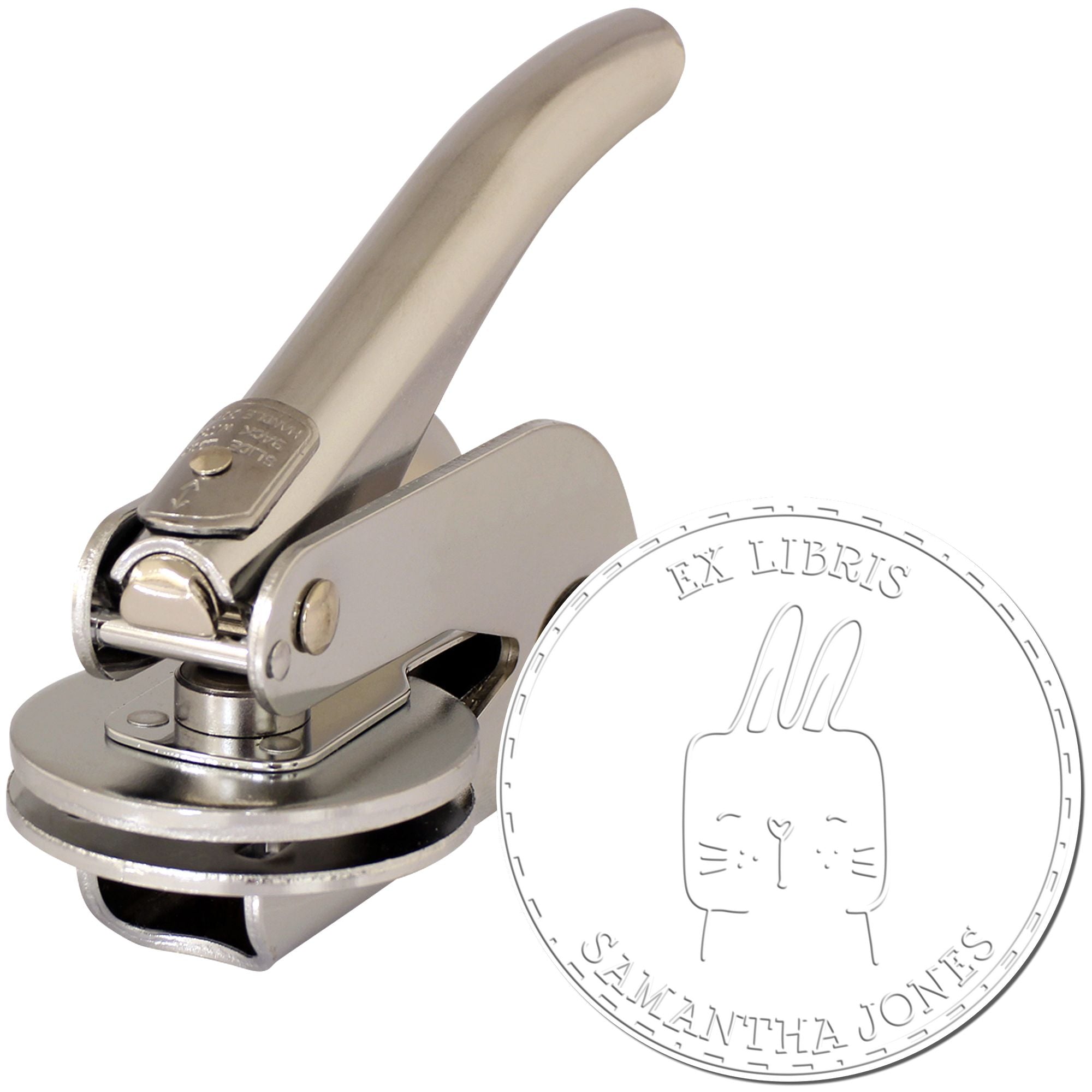 Image of a handheld personalized book mark seal featuring a SquirmSquiggle cartoon animal design. The seal is metallic with an imprint showing a cute animal face. It can be used as a personalizable return mail stamp.
