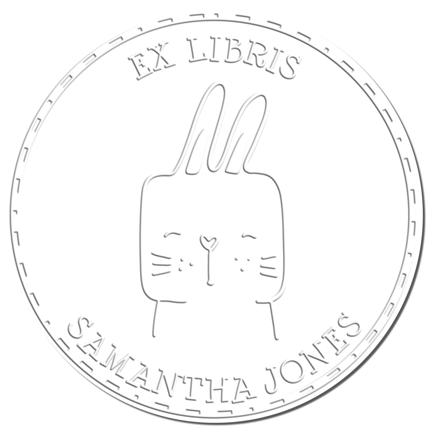 A Soft SquirmSquiggle cartoon animal design is embossed on a Custom-Made Book Identification Embosser. The circular stamp features a cute animal face with "EX LIBRIS" and "SAMANTHA JONES" text, ideal for a Custom-Made Home Stamp.