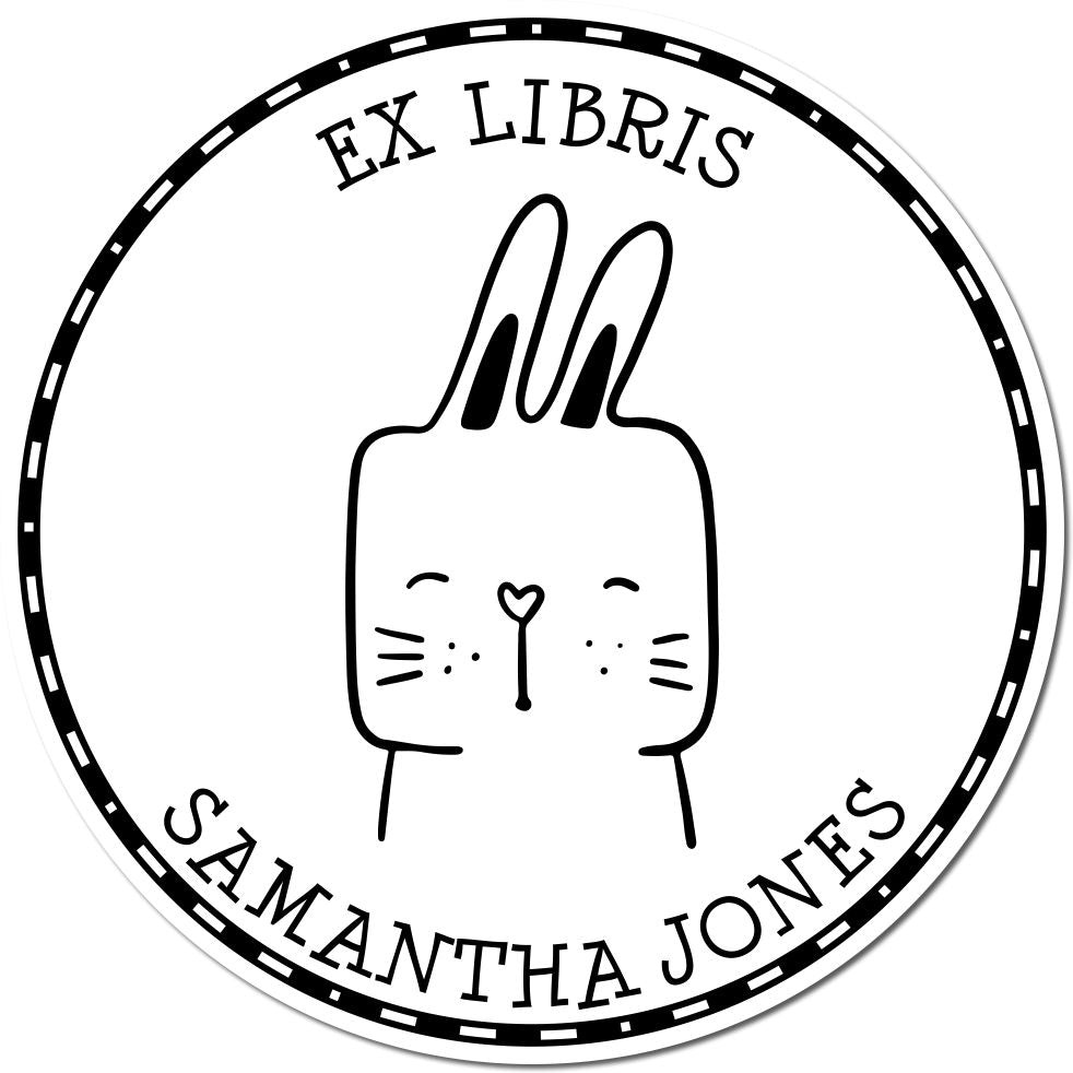 A round stamp with a wood handle features a SquirmSquiggle cartoon animal design, perfect for customized book branding. The stamp reads Ex Libris Samantha Jones and is a customizable new address stamper.