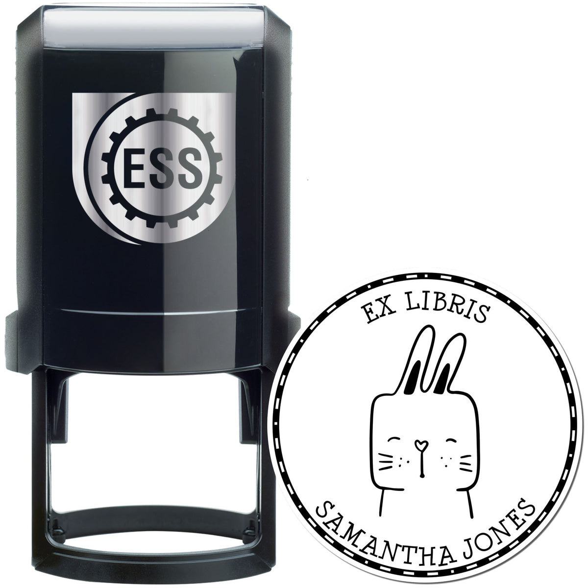 Image of a black self-inking stamp featuring a SquirmSquiggle cartoon animal design. The stamp is personalizable with "From The Desk Of" text. Keywords: SquirmSquiggle Cartoon Animal Self-Inking Personalizable From The Desk Of Stamp, Custom Stamp.