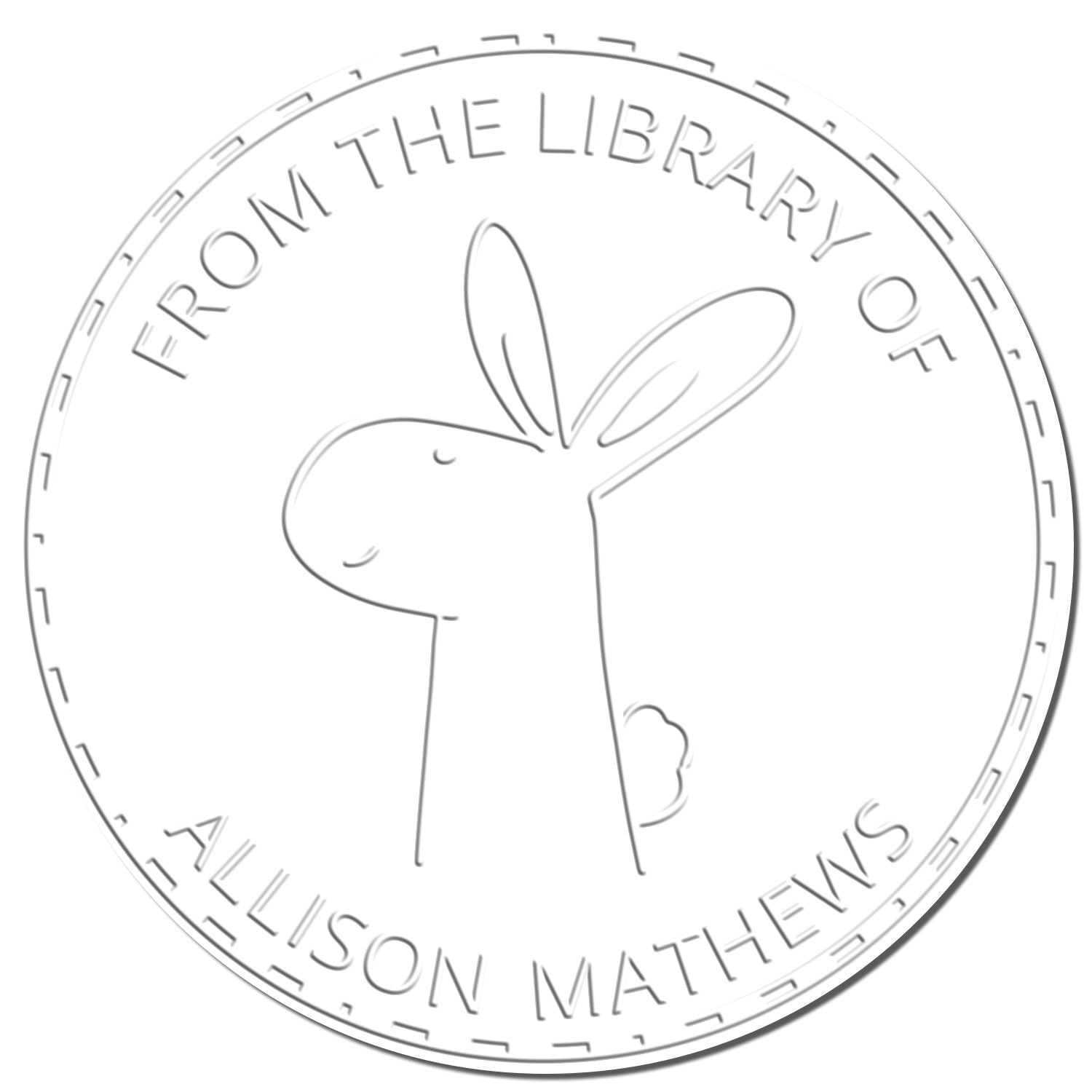 Embossed seal featuring BlinkerBelle, a cartoon animal hybrid, from the private collection of Embosser. The design is a custom-made new address stamper with the text 'From the Library of Allison Mathews' encircling the image.