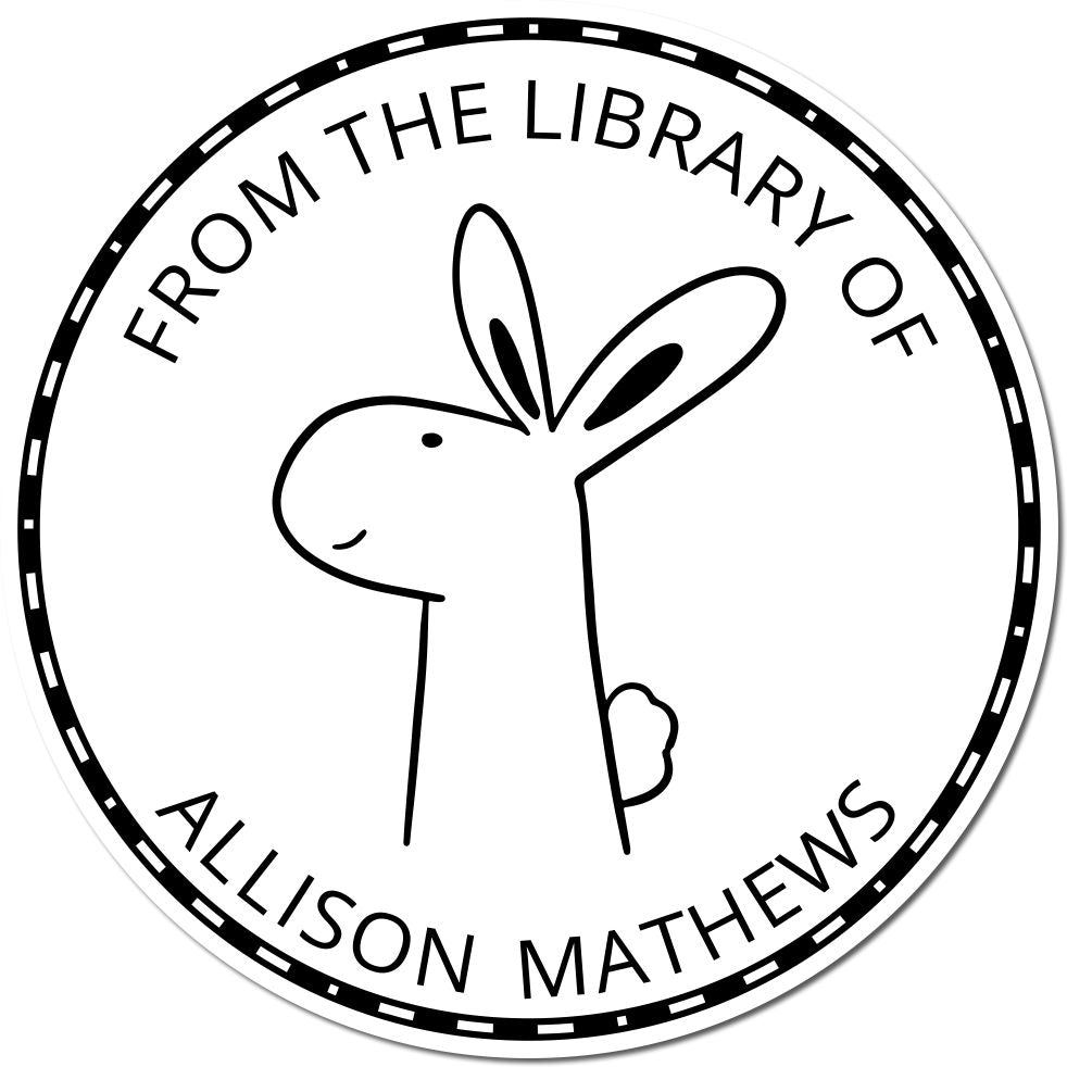 Cartoon animal stamp with a smiling rabbit illustration, labeled "From the Library of Allison Mathews." Keywords: BlinkerBelle Cartoon Animal Self-Inking Personalizable This Book Belongs To Stamp, Custom New Address Stamper.