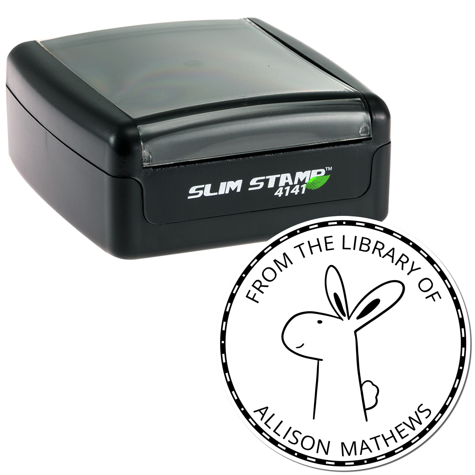 Image of a Slim Pre-Inked BlinkerBelle Cartoon Animal Custom Name For Library Stamp featuring a cute animal design with the text "From the Library of Allison Mathews." Also shown is a Customized Mailing Stamper with a sleek black casing.