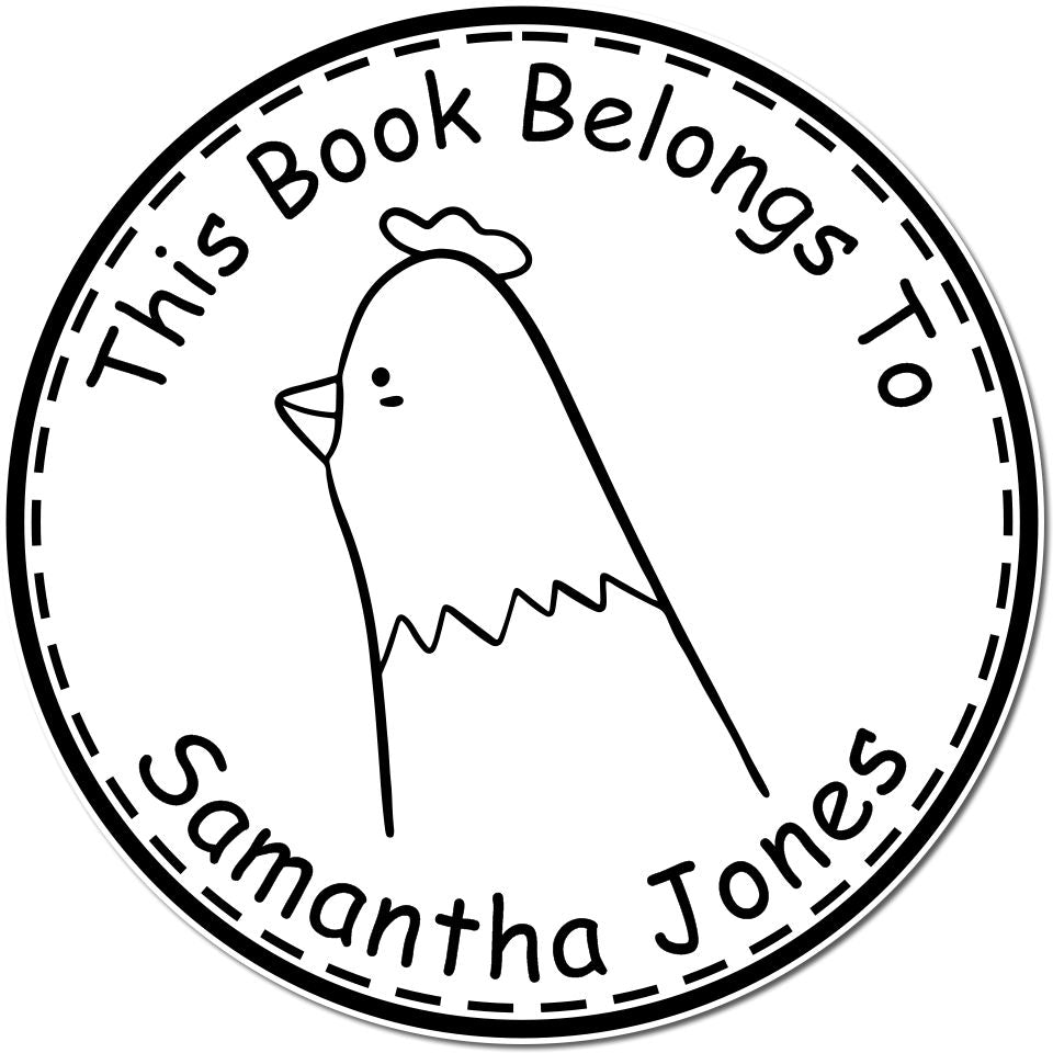FuzzleFeather Cartoon Animal Pre-Inked Customizable Stamp featuring a cute chicken design with the text "This Book Belongs To Samantha Jones." Ideal as a custom-made address stamp for personalizing books or stationery.