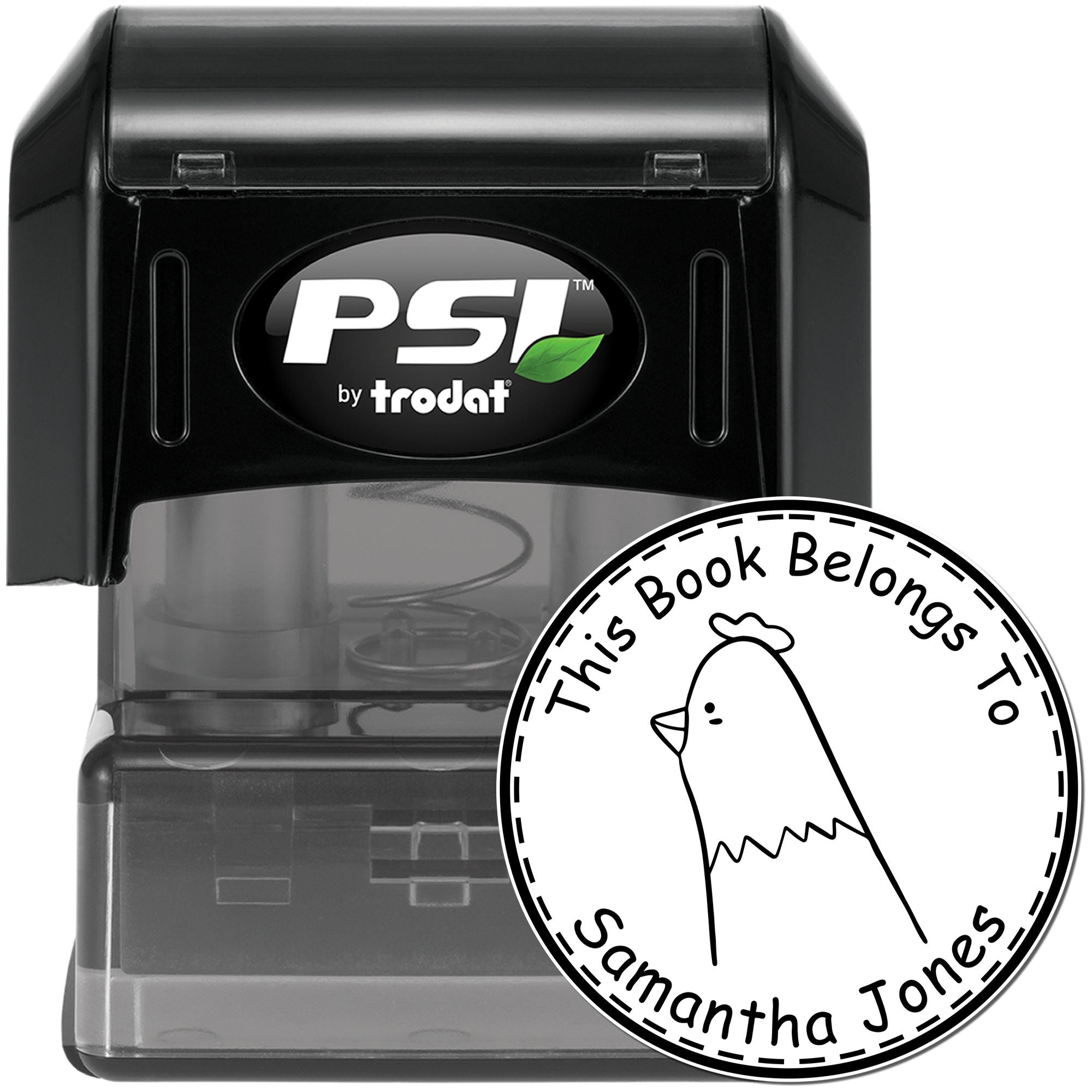 Image of a FuzzleFeather Cartoon Animal Pre-Inked Customizable Stamp featuring a chicken illustration. The stamp is labeled "This Book Belongs To Samantha Jones." It serves as a Custom Return Mail Stamper, with a black casing and PSI by Trodat branding.