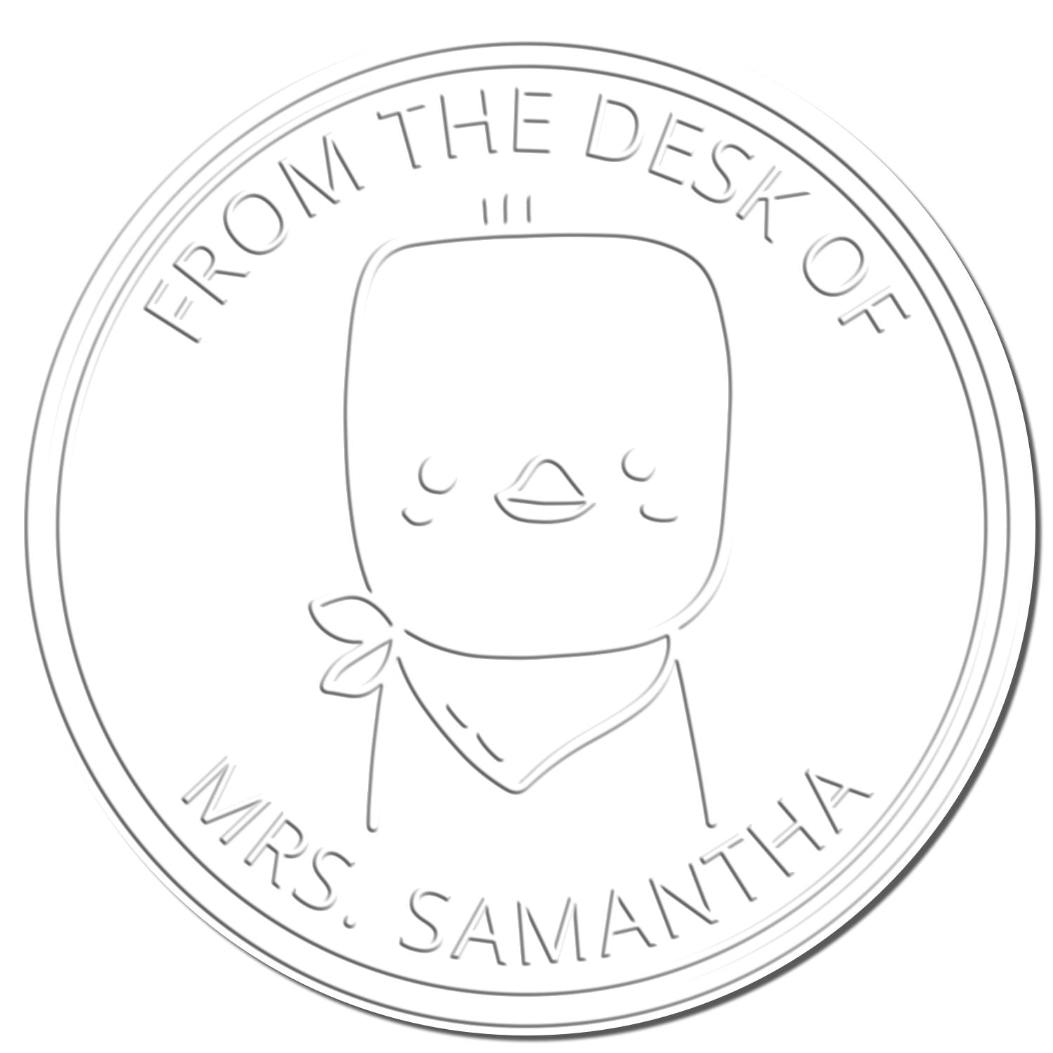A customized mailing stamper featuring a PuddlePaddle cartoon animal with a bandana, resembling a seal. The text reads 'From the Desk of Mrs. Samantha.' Ideal for personalizing a handheld book with 'This Book Belongs To' message.