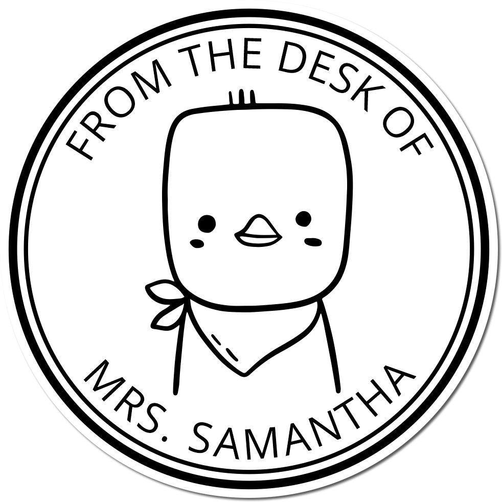 Cartoon animal design on a PuddlePaddle self-inking personalizable library book stamp. The custom-made home stamper features a cute character with a bandana, encircled by the text "From the Desk of Mrs. Samantha."