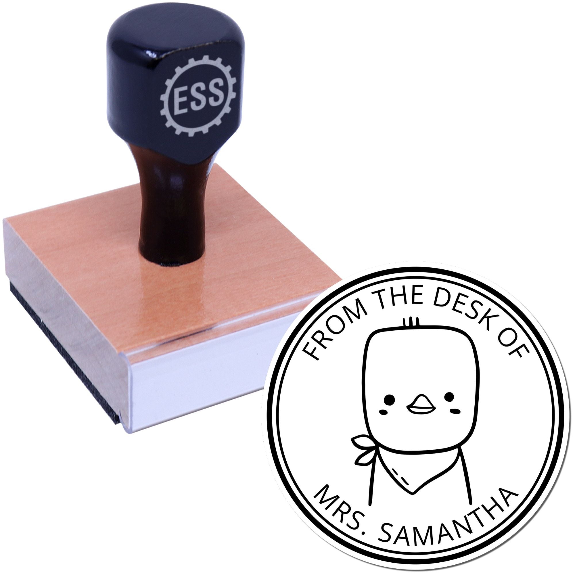 Wood handle stamp with a cartoon animal design labeled "From the Desk of Mrs. Samantha." Features a PuddlePaddle character for book identification. Customizable address stamp option available.