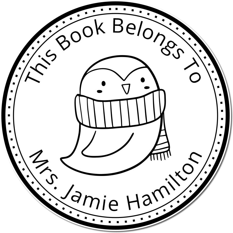 QuirkyQuack Cartoon Animal Self-Inking Personalizable Book Collection Stamp featuring a cute owl wearing a scarf. Text reads "This Book Belongs To Mrs. Jamie Hamilton." Ideal as a Customizable Home Stamp for personalizing books.