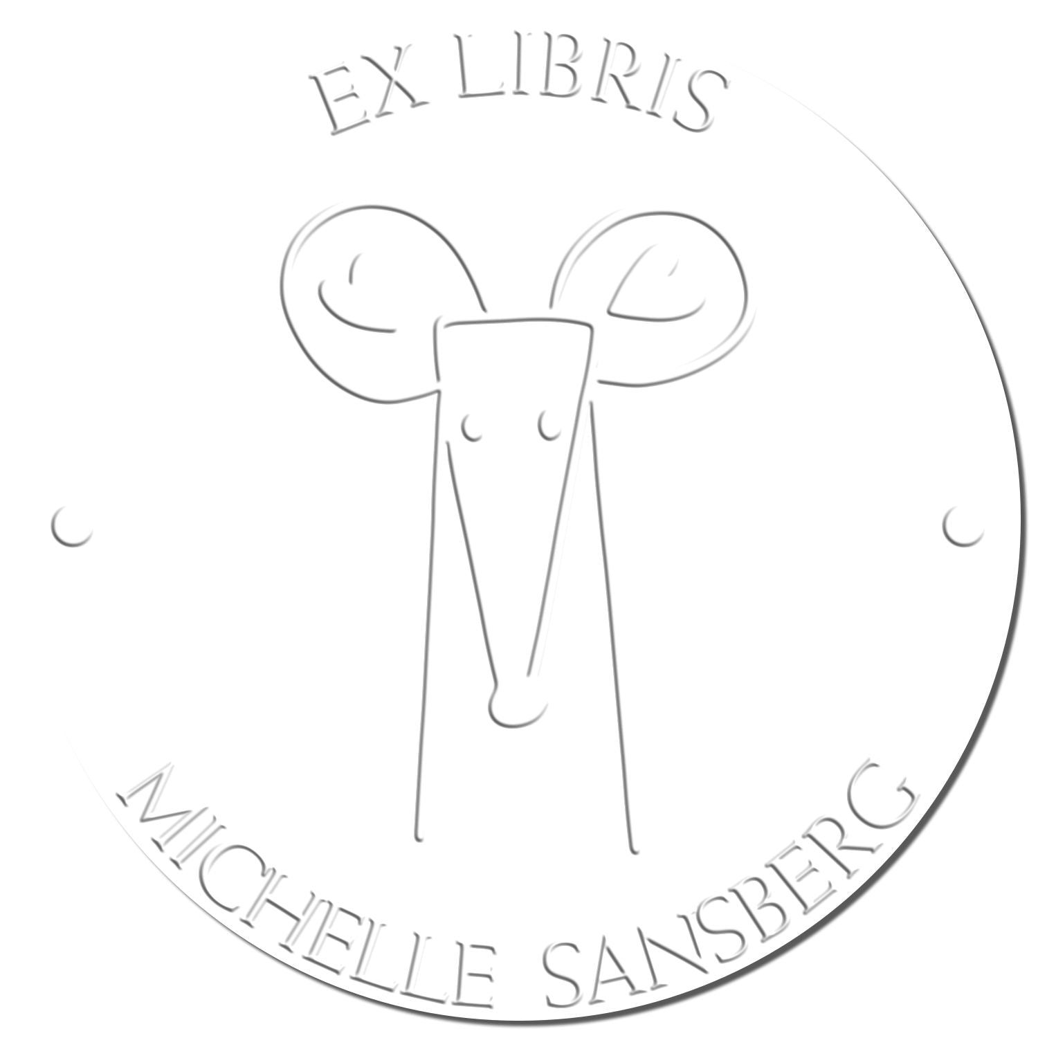 Soft DazzleDash cartoon animal design on a custom-made bookplate embosser, featuring "Ex Libris" and "Michelle Sansberg." Ideal for a custom mailing stamp, the embossed image showcases a stylized animal face with a minimalist aesthetic.