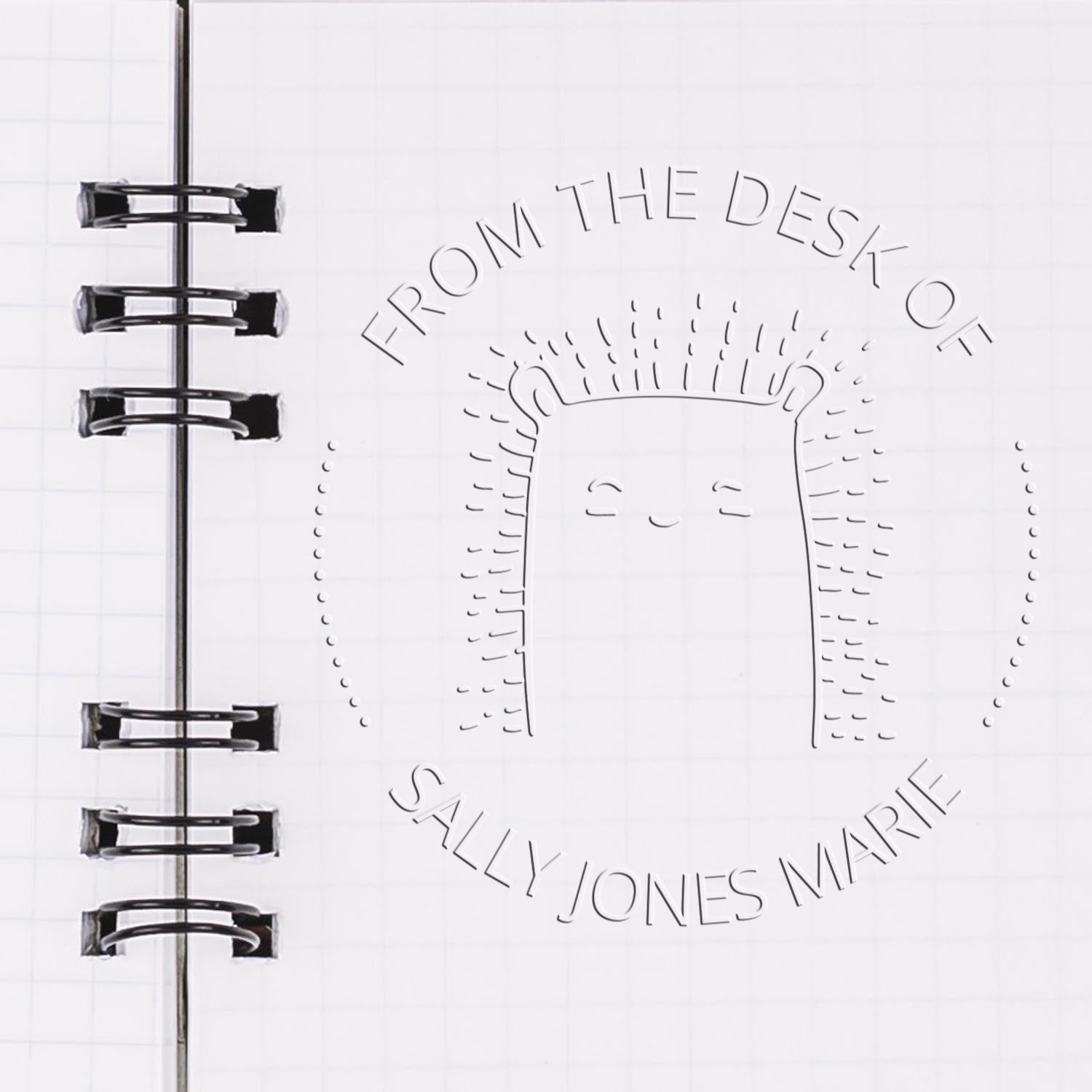 Soft FizzleFluff cartoon animal custom-made bookplate design seal on a notebook page, featuring a personalized return mail stamper with the text "From the Desk of Sally Jones Marie" embossed around the cute character.
