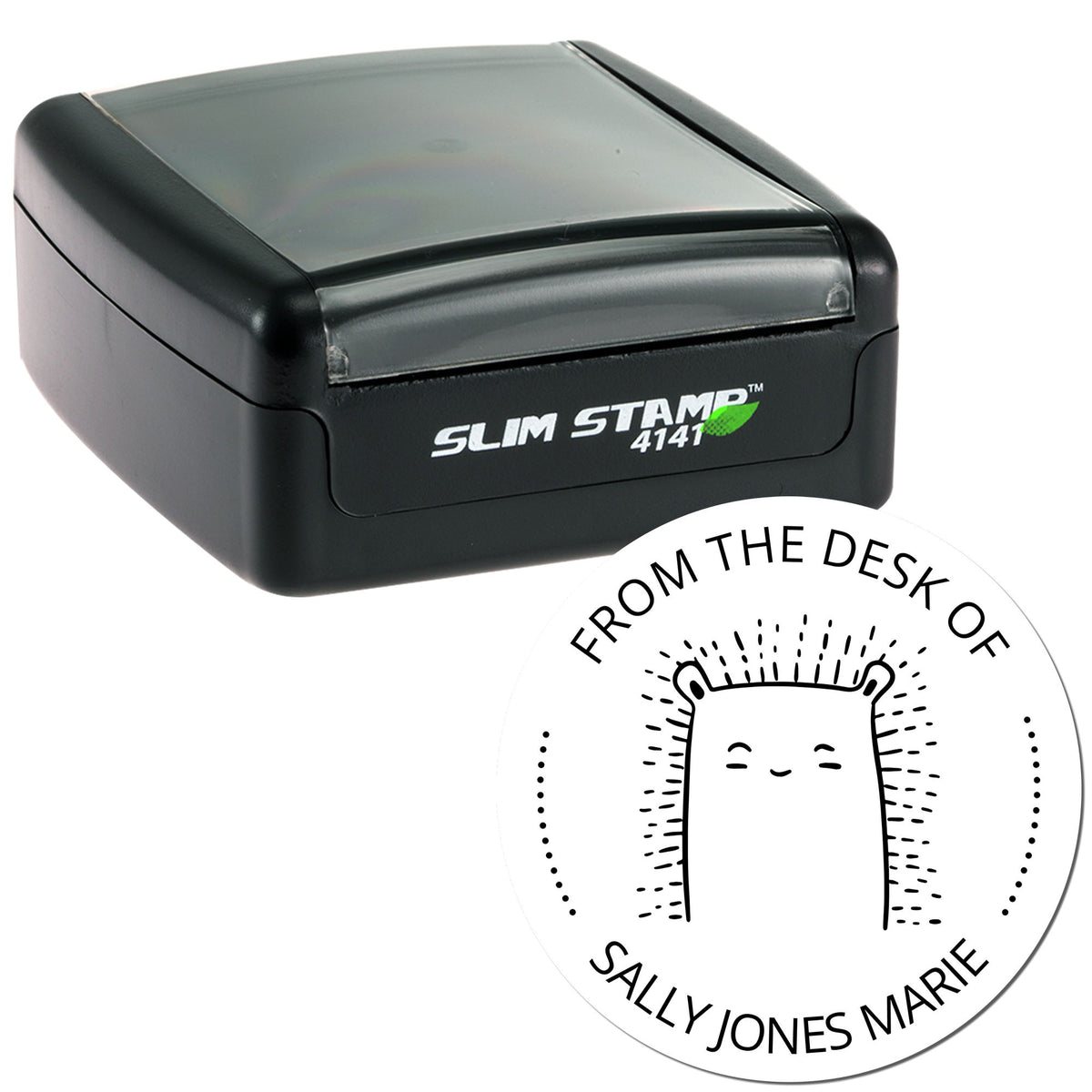 Slim Pre-Inked FizzleFluff Cartoon Animal Custom Home Library Stamp and Custom Mailing Stamper featuring a cute animal design with "From the Desk of Sally Jones Marie" text. The black stamp is compact and sleek, ideal for personalizing mail and books.