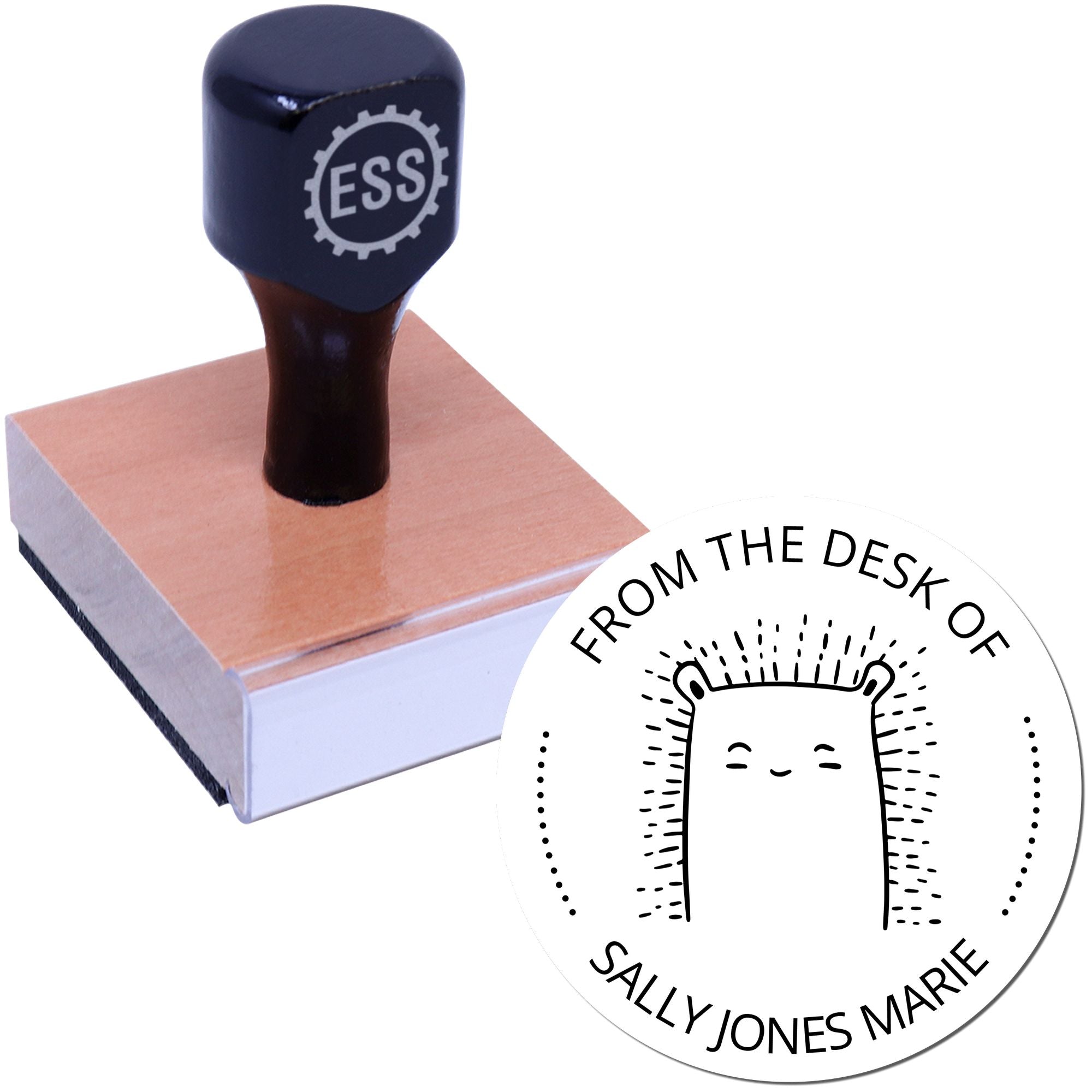 Wood handle FizzleFluff cartoon animal customized bookplate sticker stamp with a smiling creature design. The custom stamp features a wooden grip and a black top with "ESS" logo, perfect for personalizing books or stationery.