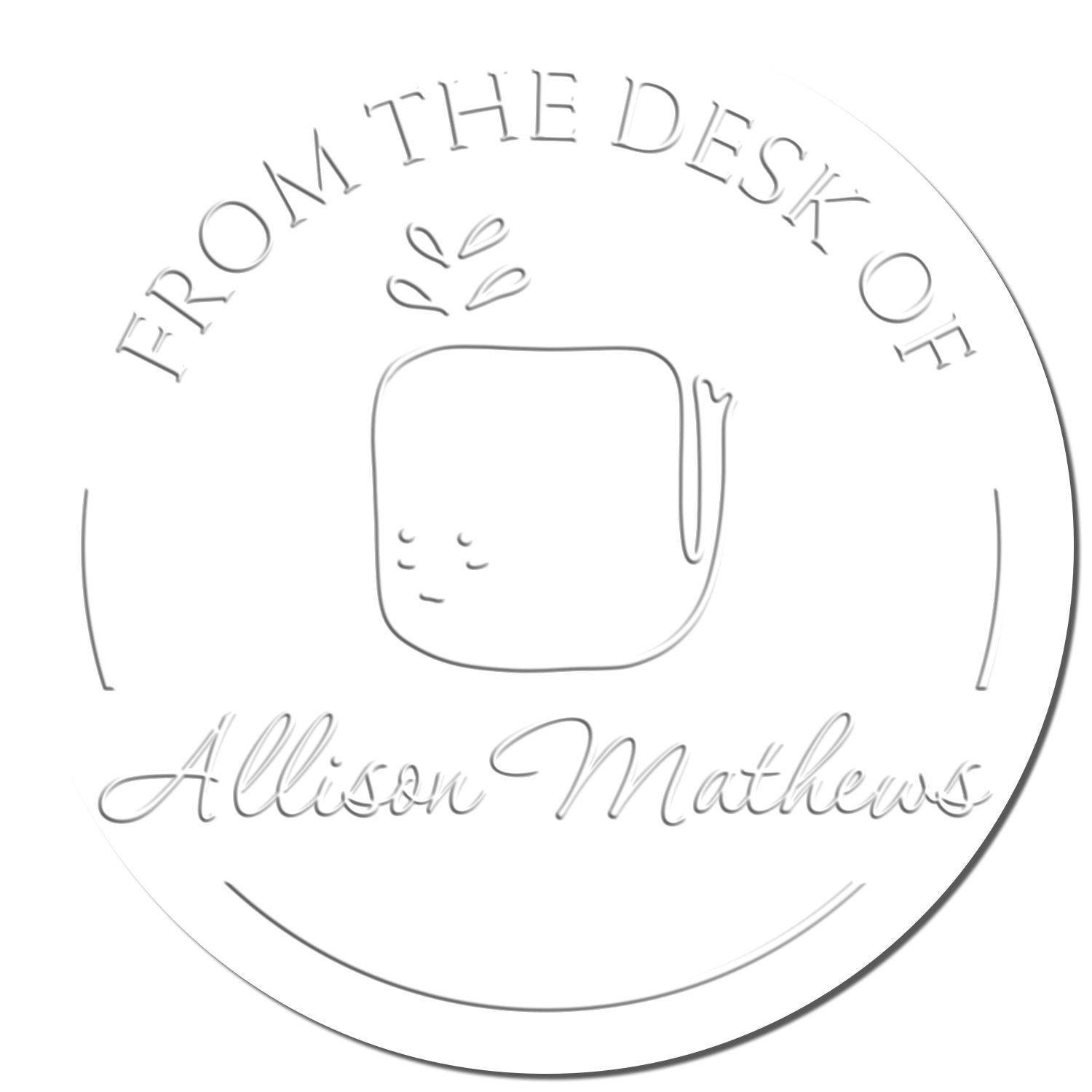 WhiffleWhirl cartoon animal design on a personalized library embosser with the text From the Desk of Allison Mathews. The custom mailing stamper features a handheld style with a whimsical touch.