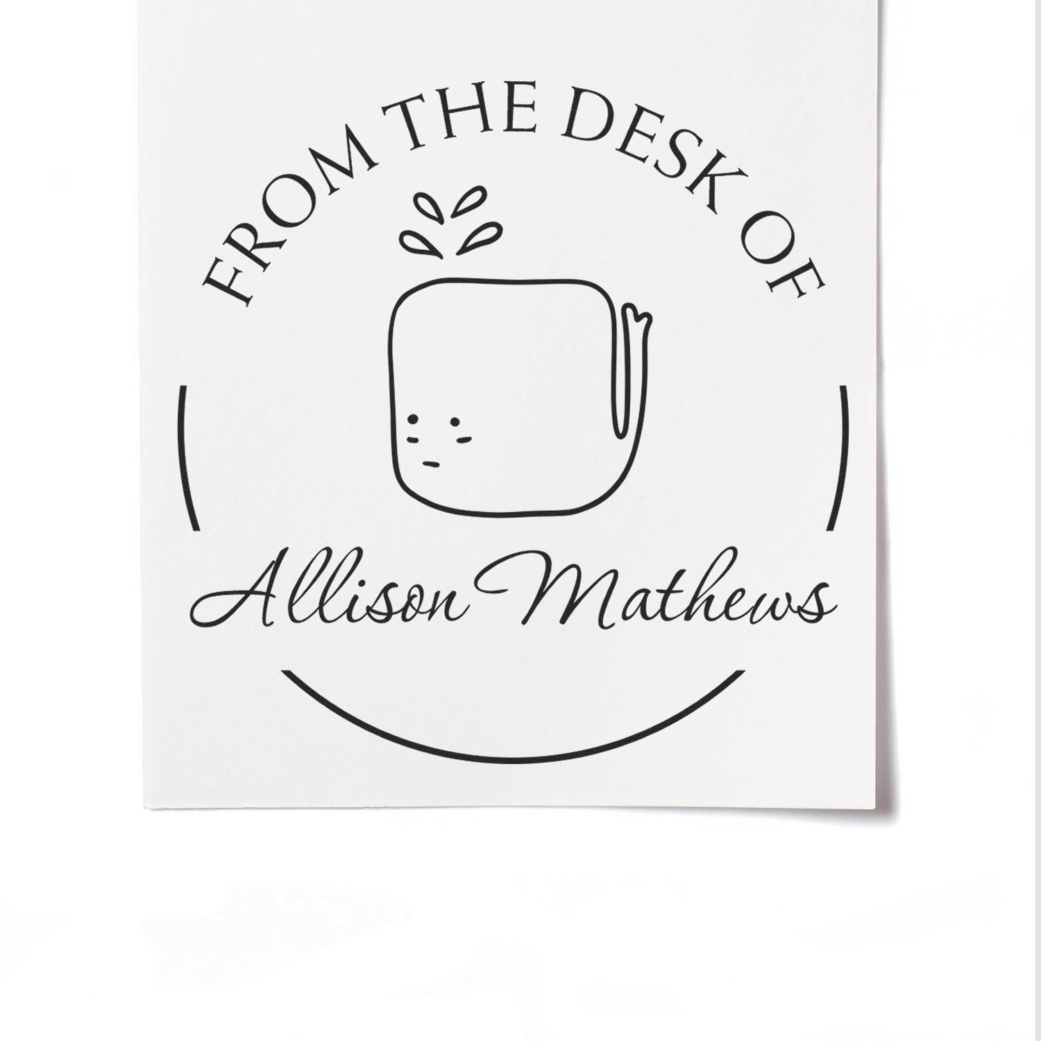 Wood Handle WhiffleWhirl Cartoon Animal Customized Bookplate Template Stamp in use, featuring a customizable return mail stamper design with a cute cartoon animal and personalized text "From the Desk of Allison Mathews" on a white background.