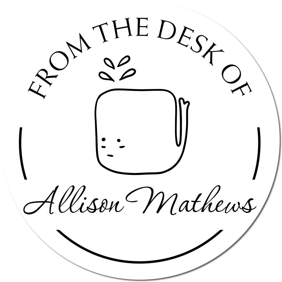 Round stamp design featuring a cartoon animal with a wood handle WhiffleWhirl style. Text reads 'From the Desk of Allison Mathews.' Ideal for a customized bookplate template stamp or customizable mailing stamper.