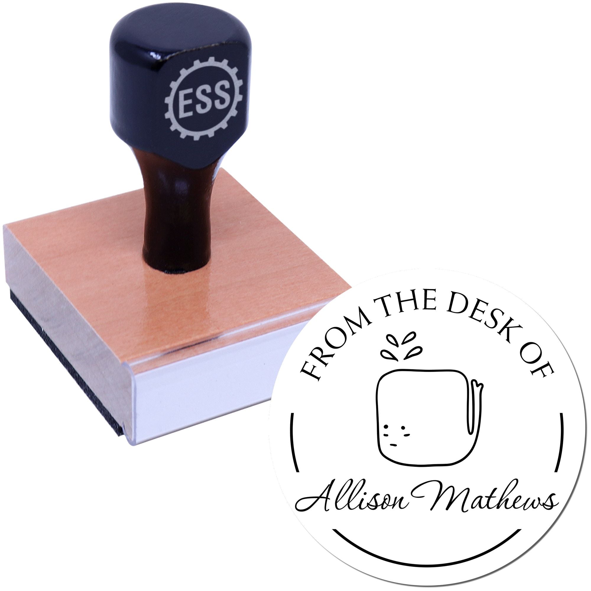 Wood handle stamp with "ESS" logo, next to a customizable return mail stamp featuring a WhiffleWhirl cartoon animal and "From the Desk of Allison Mathews" text. Ideal for a customized bookplate template.