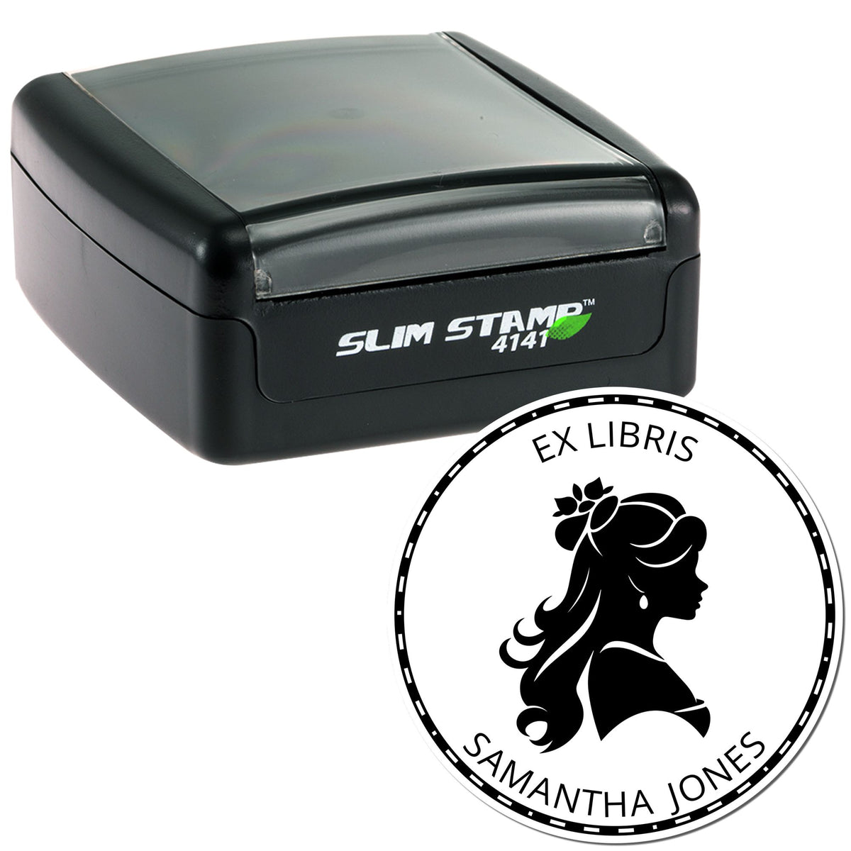 Black Slim Stamp 4141 with round Ex Libris seal, featuring a female profile, on a white background.