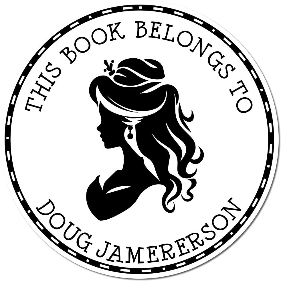 Round black-and-white custom book stamp seal with woman silhouette and text This Book Belongs to Doug Jamerson