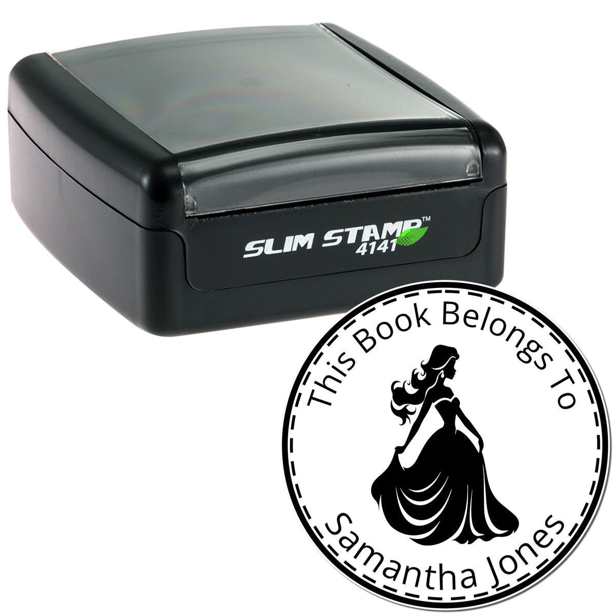 Black Slim Stamp 4141 self-inking book belongs to Samantha Jones seal with woman silhouette and circular border.