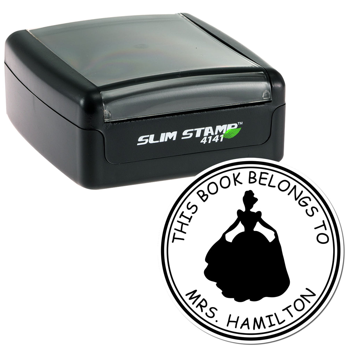 Black Slim Stamp 4141 with clear cap and round black-and-white This Book Belongs to Mrs. Hamilton seal.