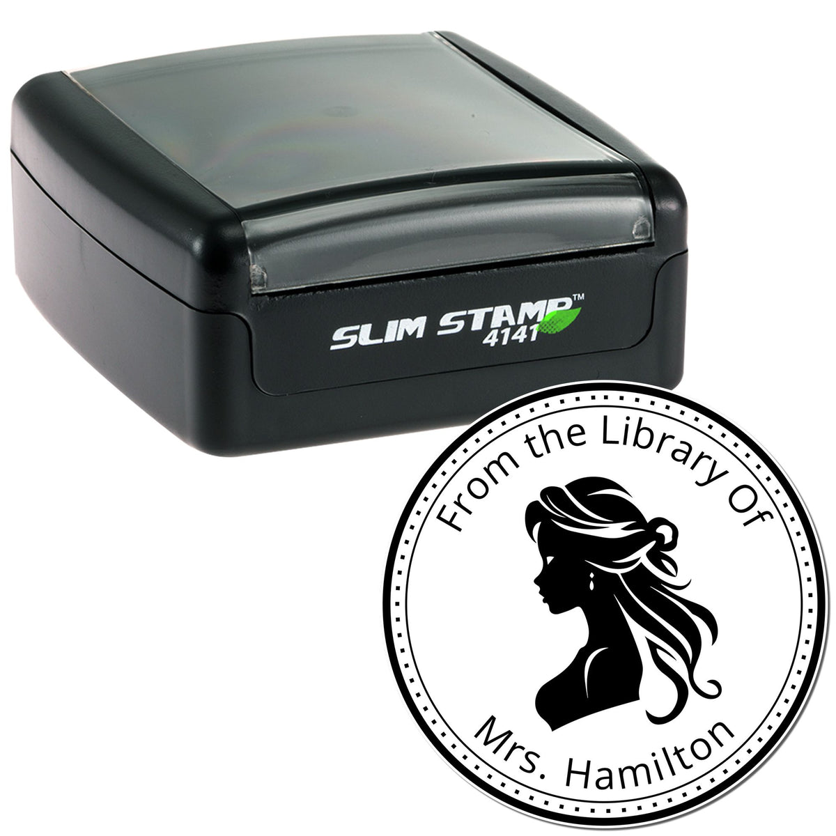 Black self-inking Slim Stamp 4141 with translucent gray top and round custom library seal featuring a womans silhouette.