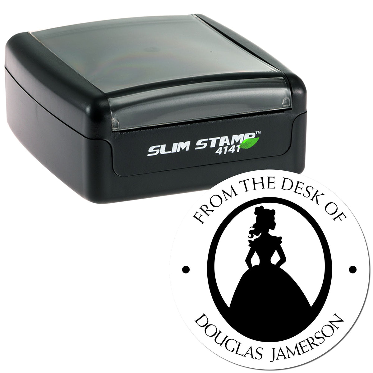 Black Slim Stamp 4141 desk seal with round white custom imprint, silhouette, and From the Desk of Douglas Jamerson text.