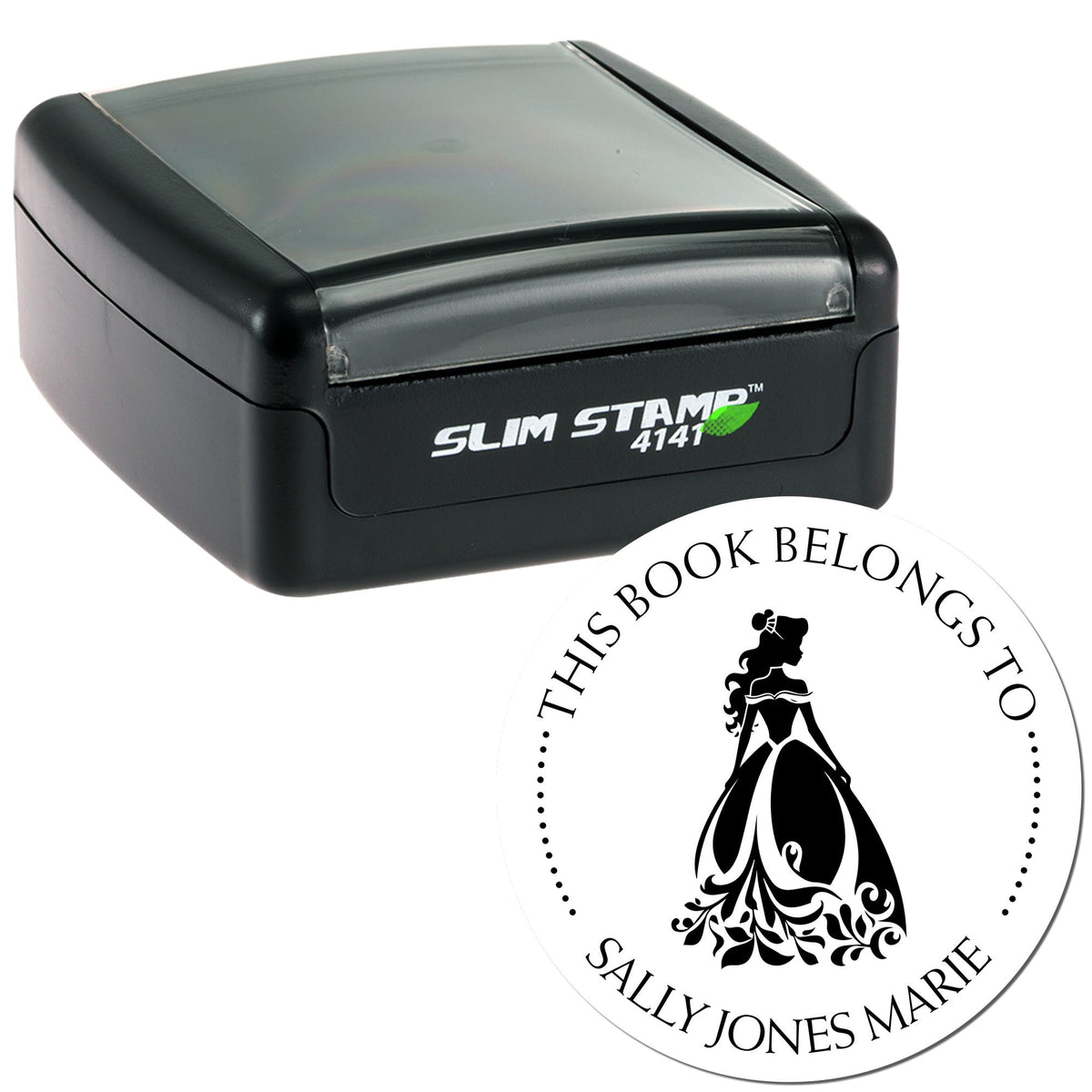 Black Slim Stamp 4141 with translucent gray cover and custom circular bookplate seal for Sally Jones Marie.