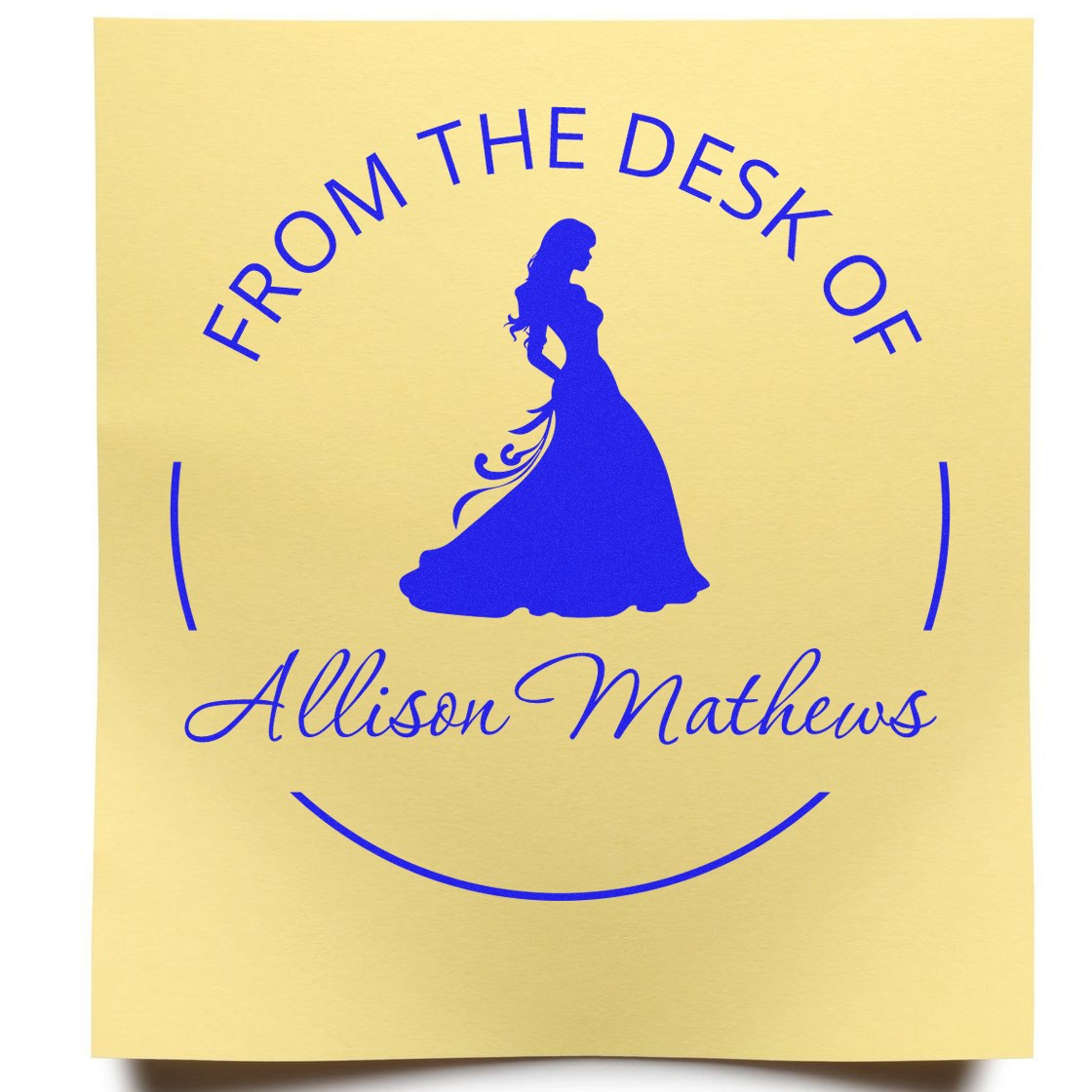 Gold foil stamp seal with blue female silhouette, curved FROM THE DESK OF text, and Allison Mathews in script.