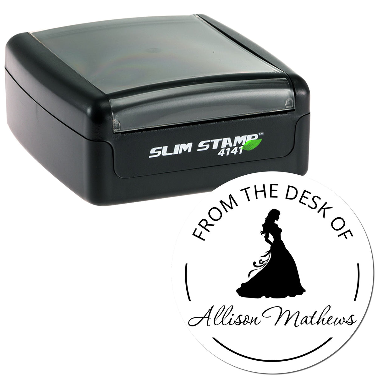 Black slim self-inking stamp and white round seal with woman silhouette, reading From the Desk of Allison Mathews.