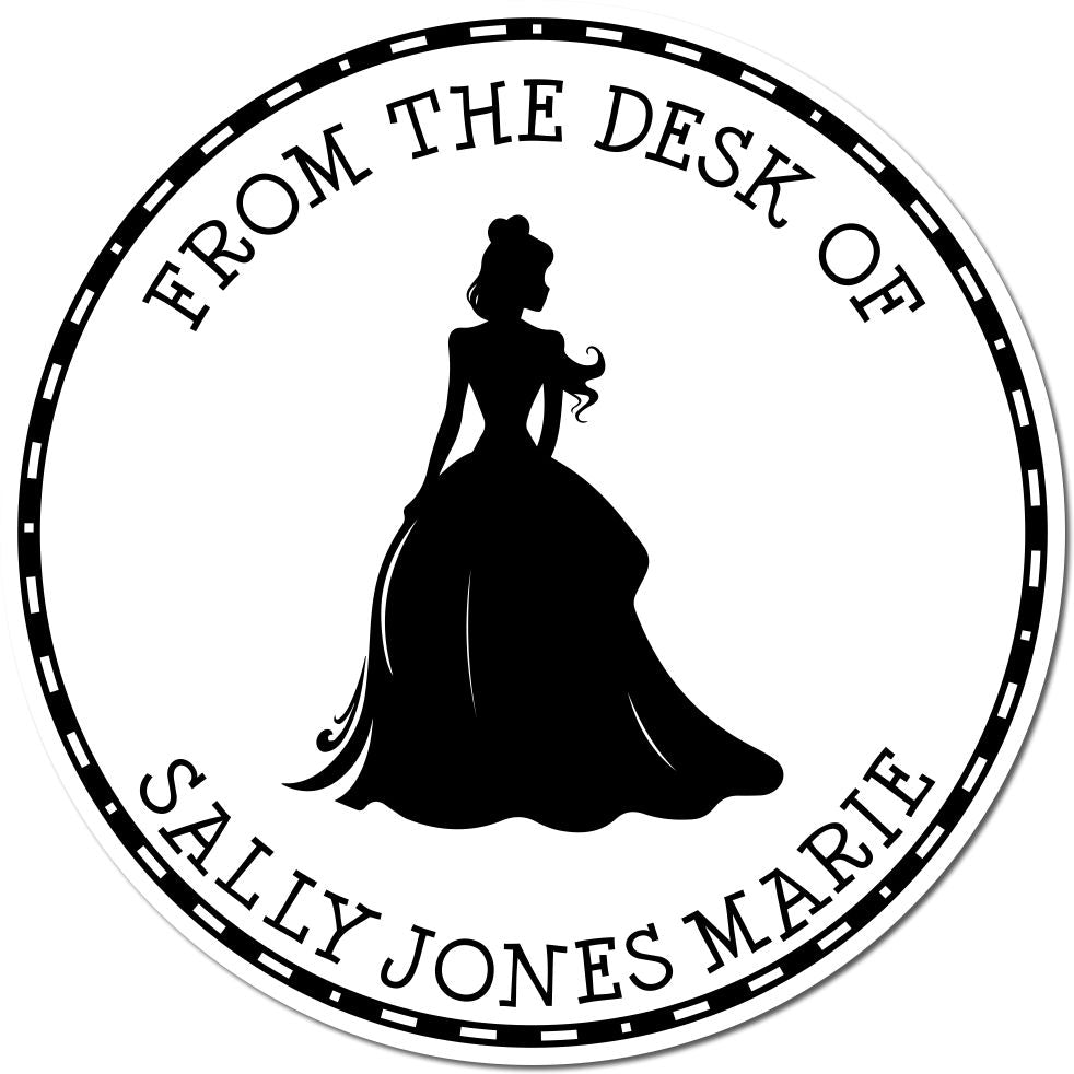 Circular black custom stamp seal with woman silhouette in gown and text From the Desk of Sally Jones Marie
