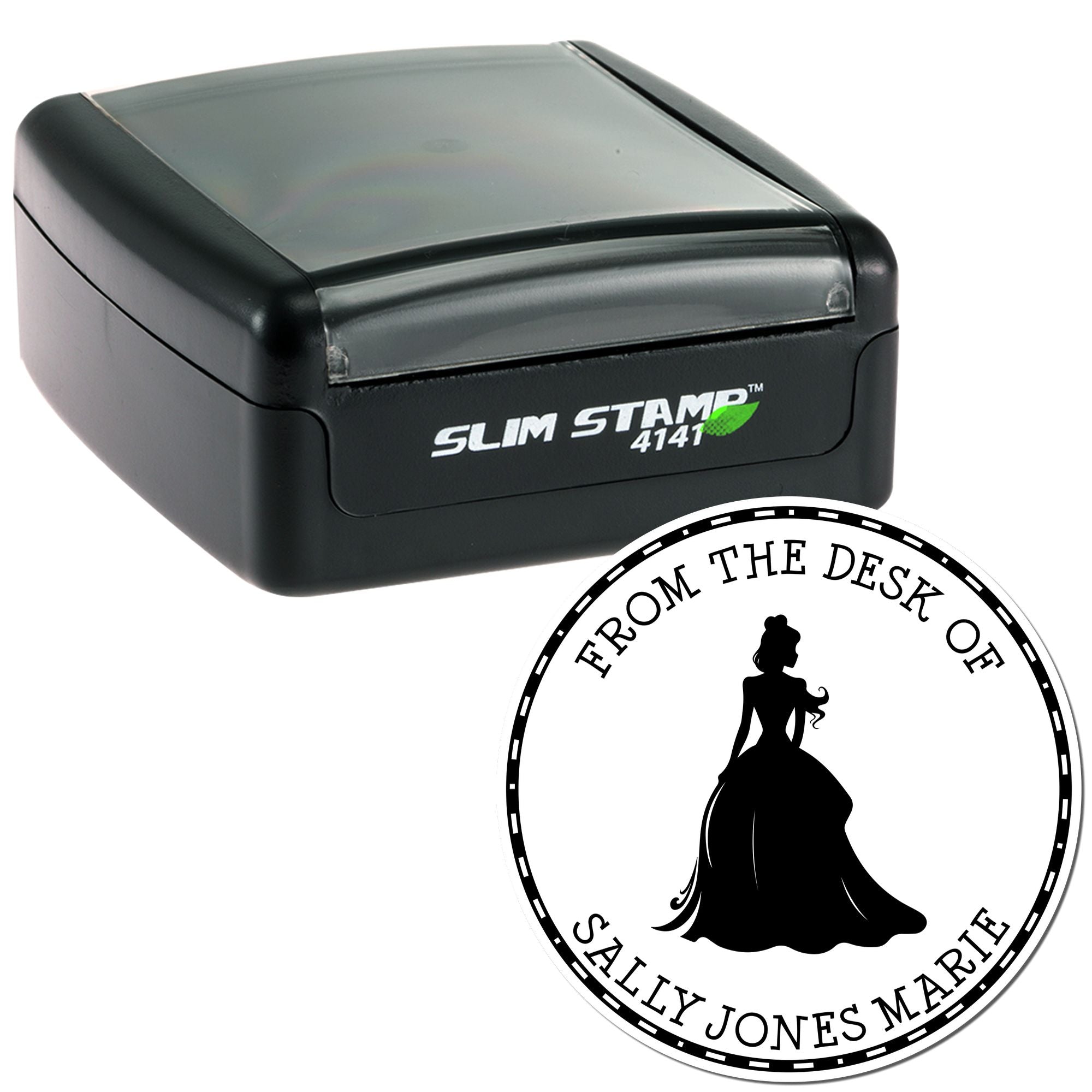 Black Slim Stamp 4141 with clear lid and custom round desk seal, black silhouette, white text on white background.