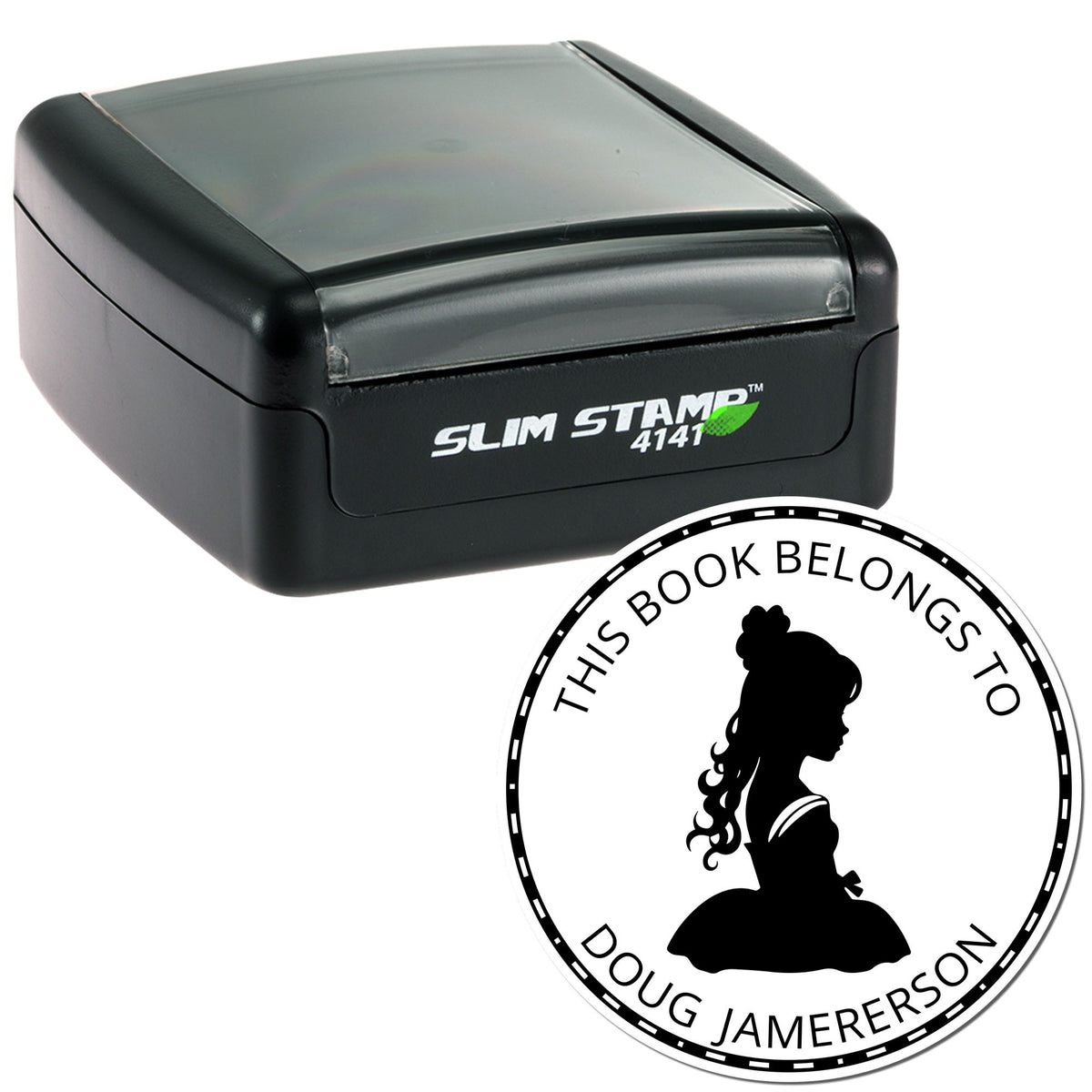 Black Slim Stamp 4141 self-inking stamp with round black-and-white bookplate seal reading This Book Belongs to Doug Jamerson.