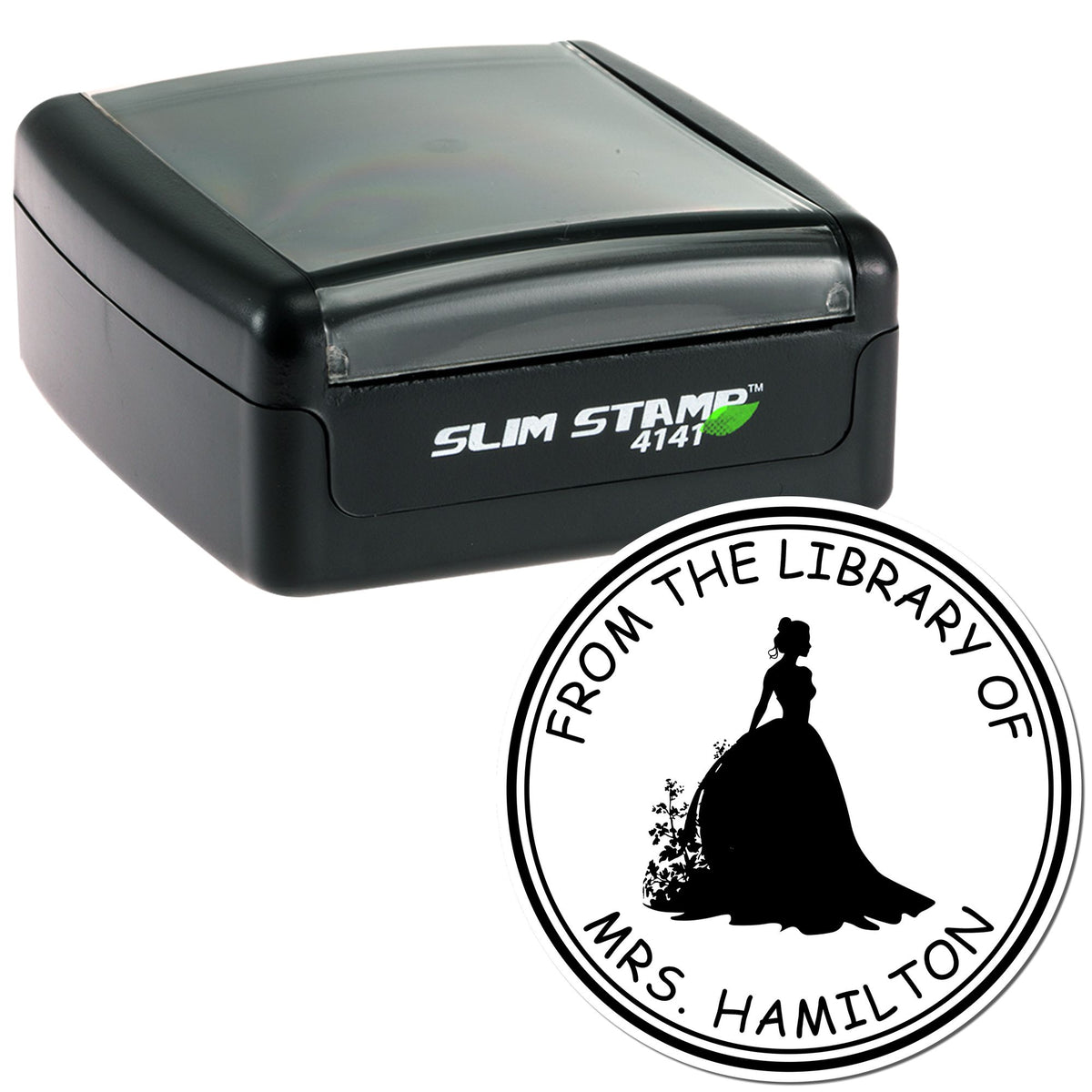Black Slim Stamp 4141 self-inking stamp with circular white-and-black library seal reading From the Library of Mrs. Hamilton