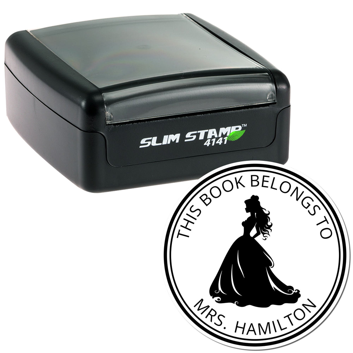 Black Slim Stamp 4141 with round custom book seal for Mrs. Hamilton, featuring a lady silhouette on white.